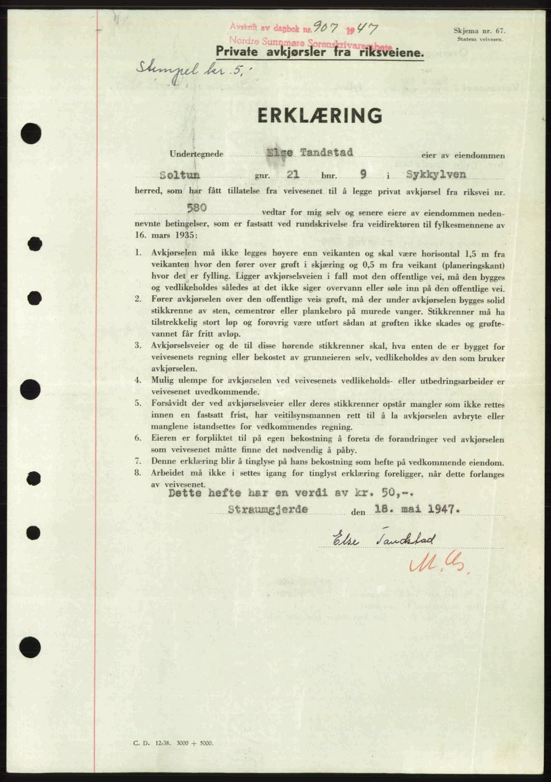 Nordre Sunnmøre sorenskriveri, SAT/A-0006/1/2/2C/2Ca: Pantebok nr. A24, 1947-1947, Dagboknr: 907/1947