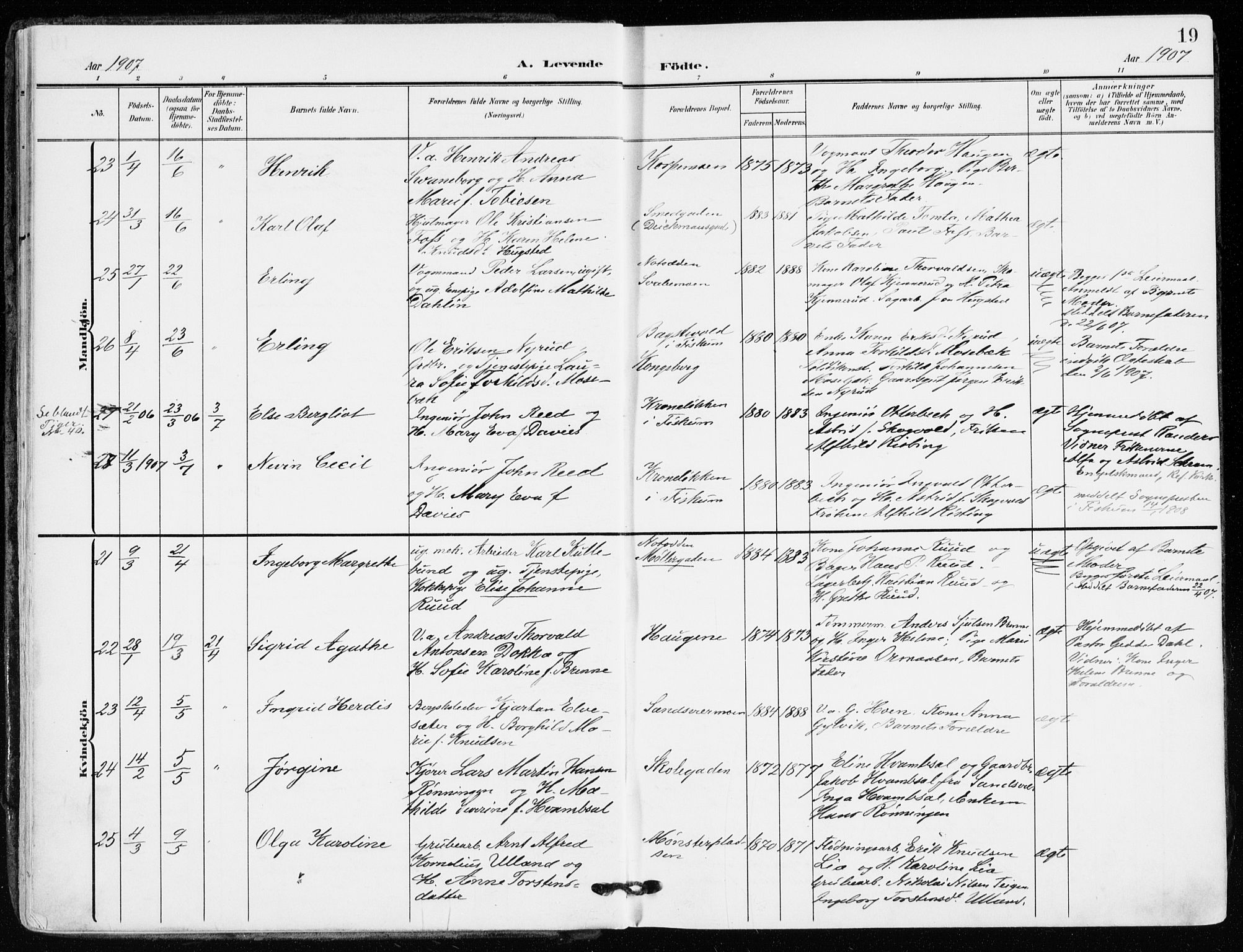 Kongsberg kirkebøker, AV/SAKO-A-22/F/Fb/L0004: Ministerialbok nr. II 4, 1906-1918, s. 19