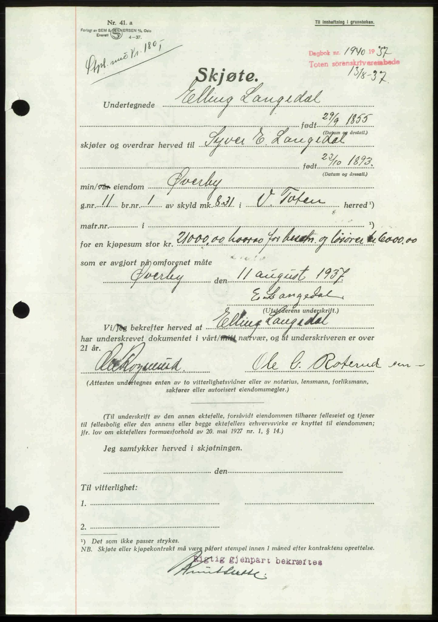 Toten tingrett, SAH/TING-006/H/Hb/Hbc/L0003: Pantebok nr. Hbc-03, 1937-1938, Dagboknr: 1940/1937