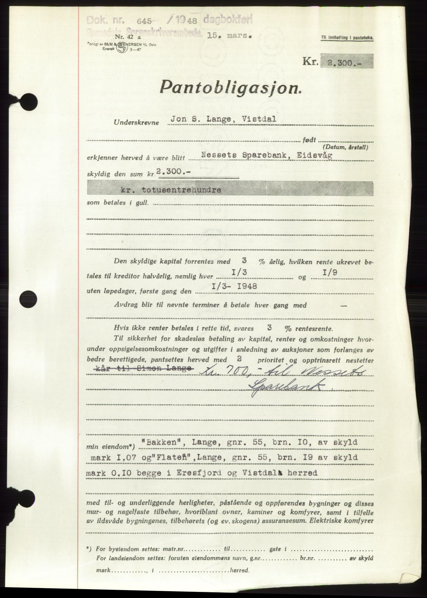 Romsdal sorenskriveri, SAT/A-4149/1/2/2C: Pantebok nr. B3, 1946-1948, Dagboknr: 645/1948