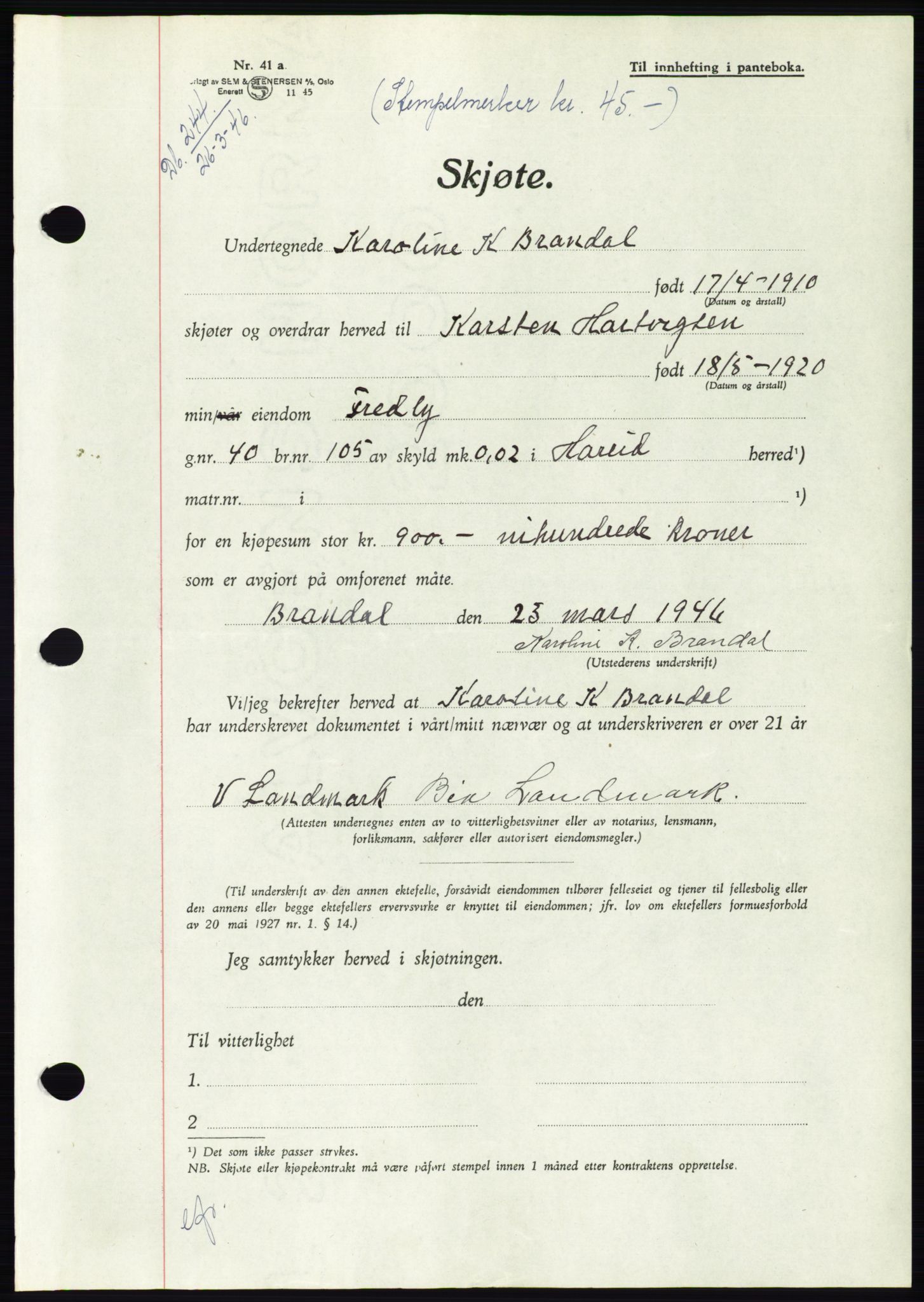 Søre Sunnmøre sorenskriveri, SAT/A-4122/1/2/2C/L0078: Pantebok nr. 4A, 1946-1946, Dagboknr: 244/1946