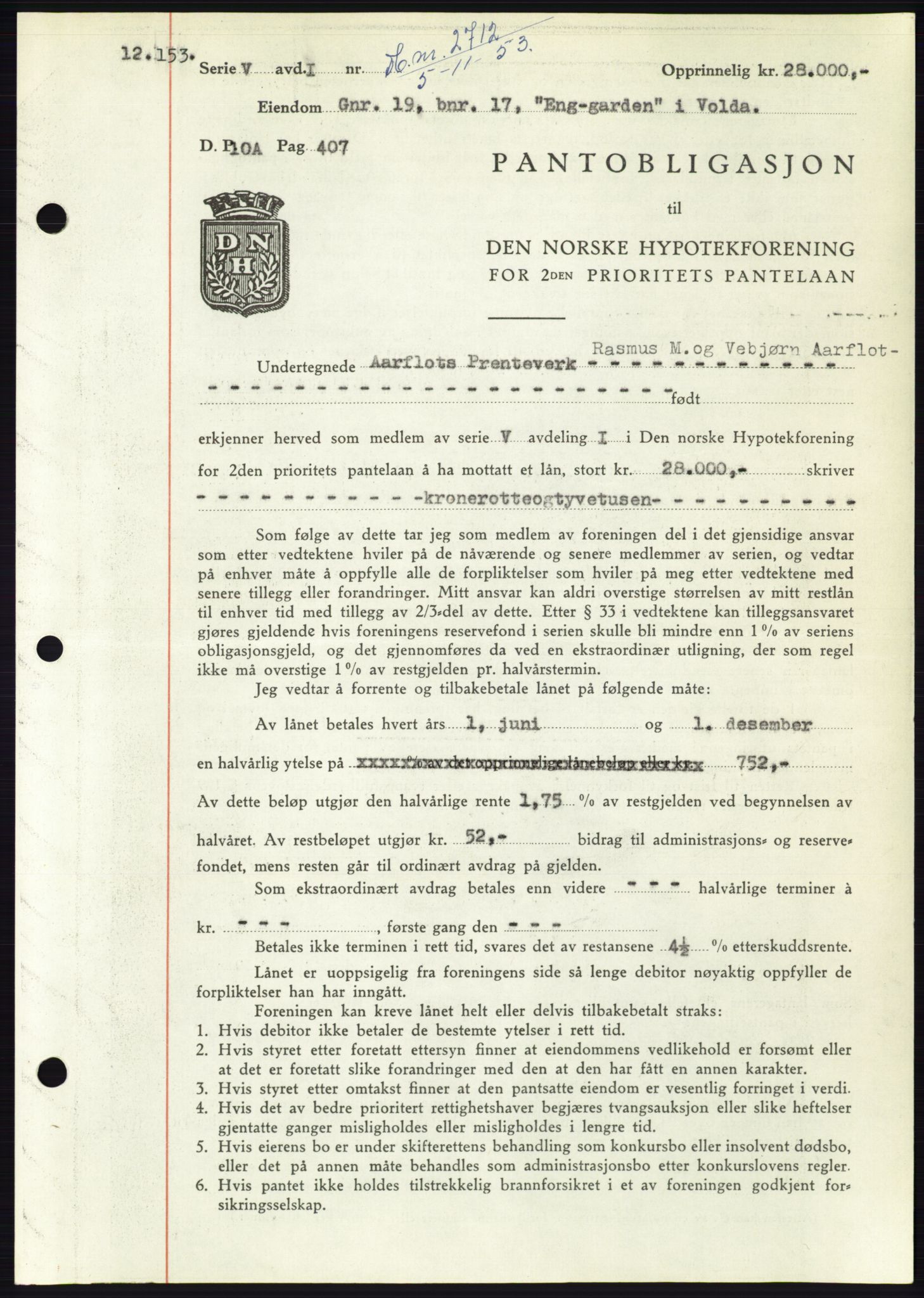 Søre Sunnmøre sorenskriveri, SAT/A-4122/1/2/2C/L0124: Pantebok nr. 12B, 1953-1954, Dagboknr: 2712/1953