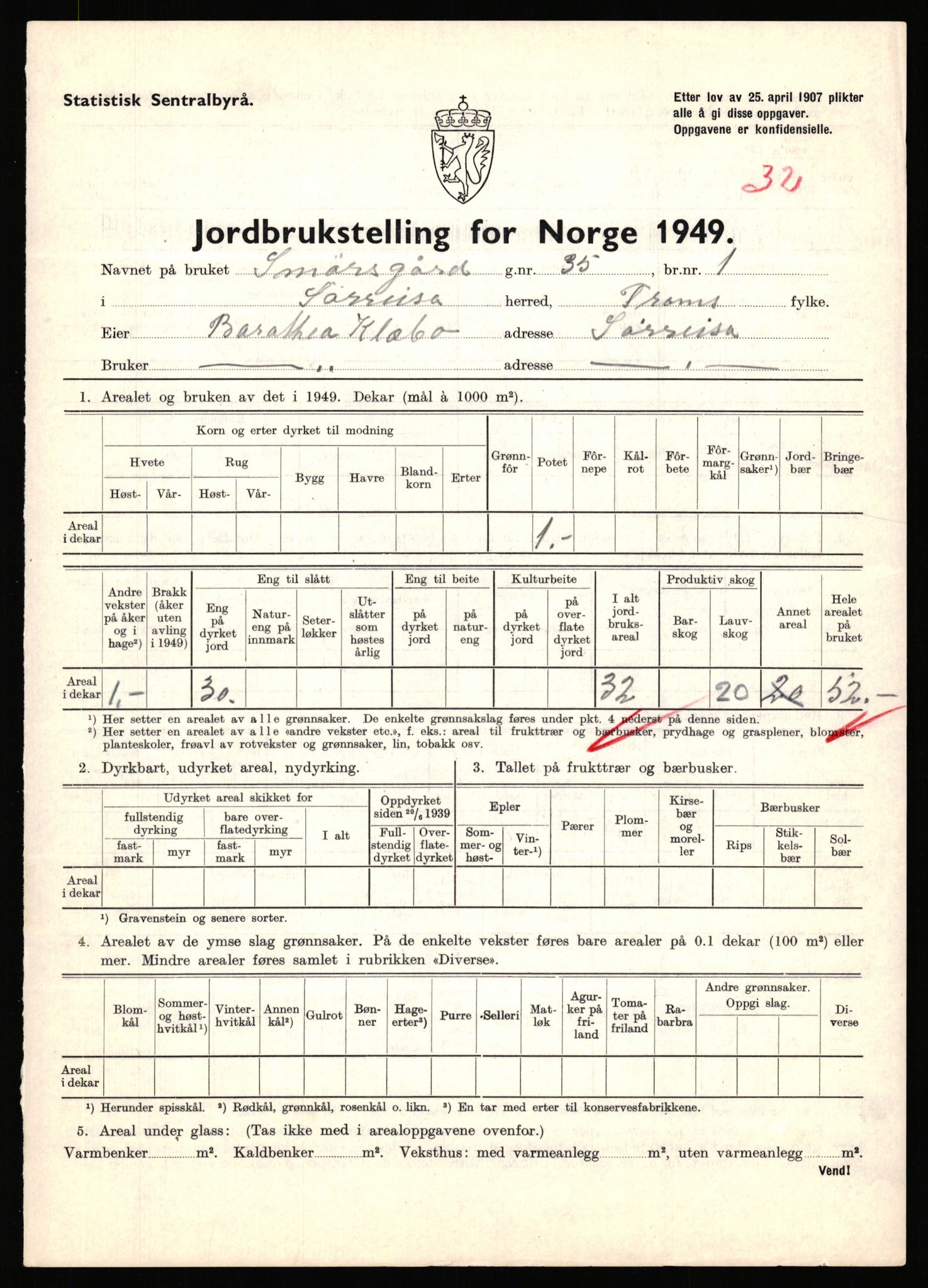 Statistisk sentralbyrå, Næringsøkonomiske emner, Jordbruk, skogbruk, jakt, fiske og fangst, AV/RA-S-2234/G/Gc/L0440: Troms: Sørreisa og Dyrøy, 1949, s. 292