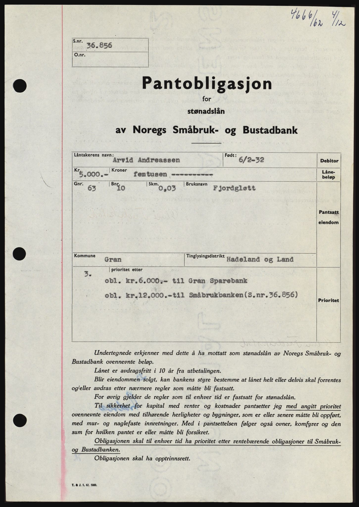 Hadeland og Land tingrett, SAH/TING-010/H/Hb/Hbc/L0050: Pantebok nr. B50, 1962-1963, Dagboknr: 4666/1962