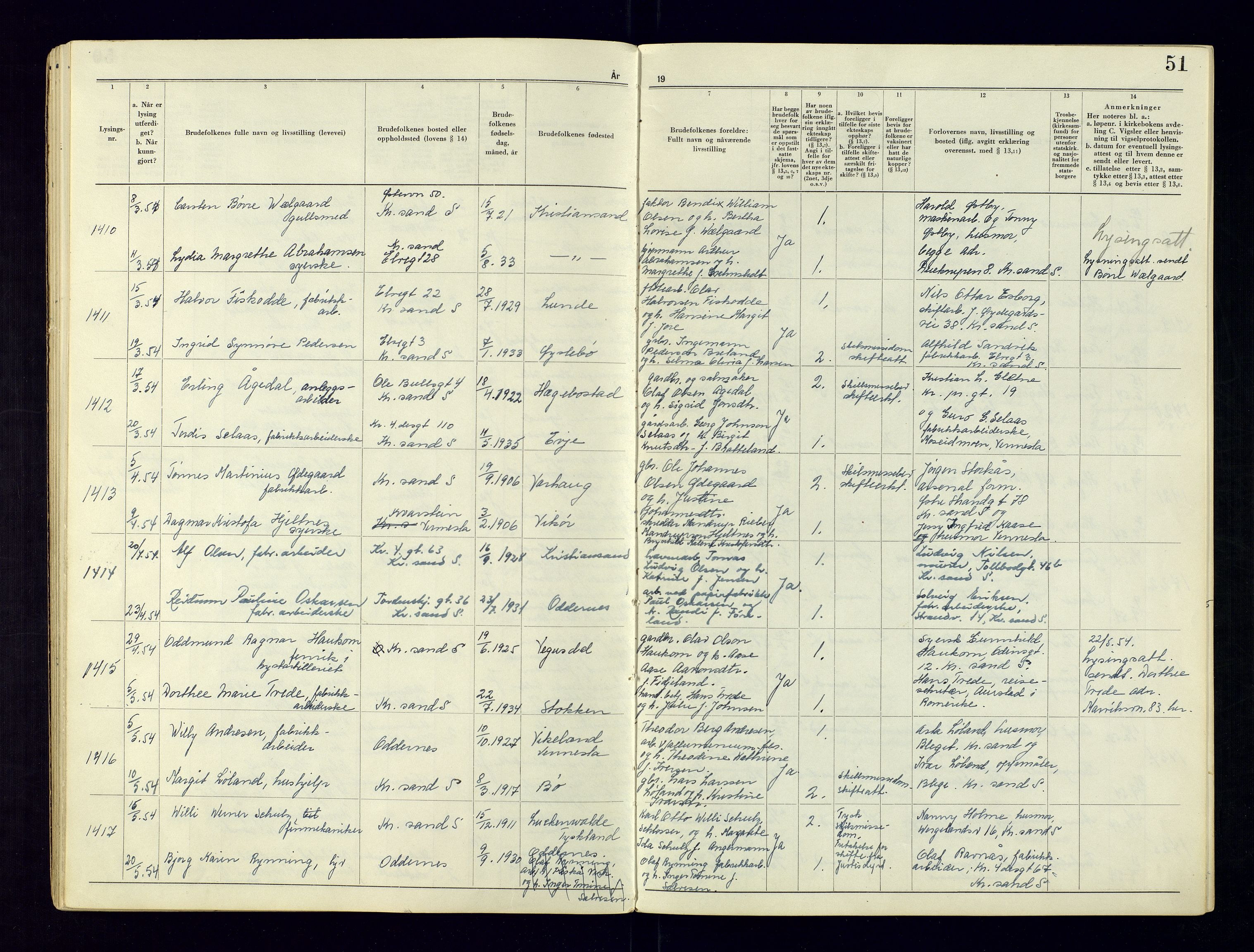 Kristiansand byrett - 2, AV/SAK-1223-0002/I/Ib/L0149/0004: Vigselbøker og lysningsbøker / Lysningsbok, 1946-1961, s. 51