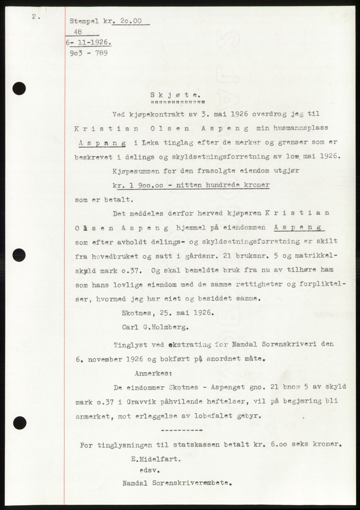 Namdal sorenskriveri, SAT/A-4133/1/2/2C: Pantebok nr. -, 1926-1930, Tingl.dato: 06.11.1926