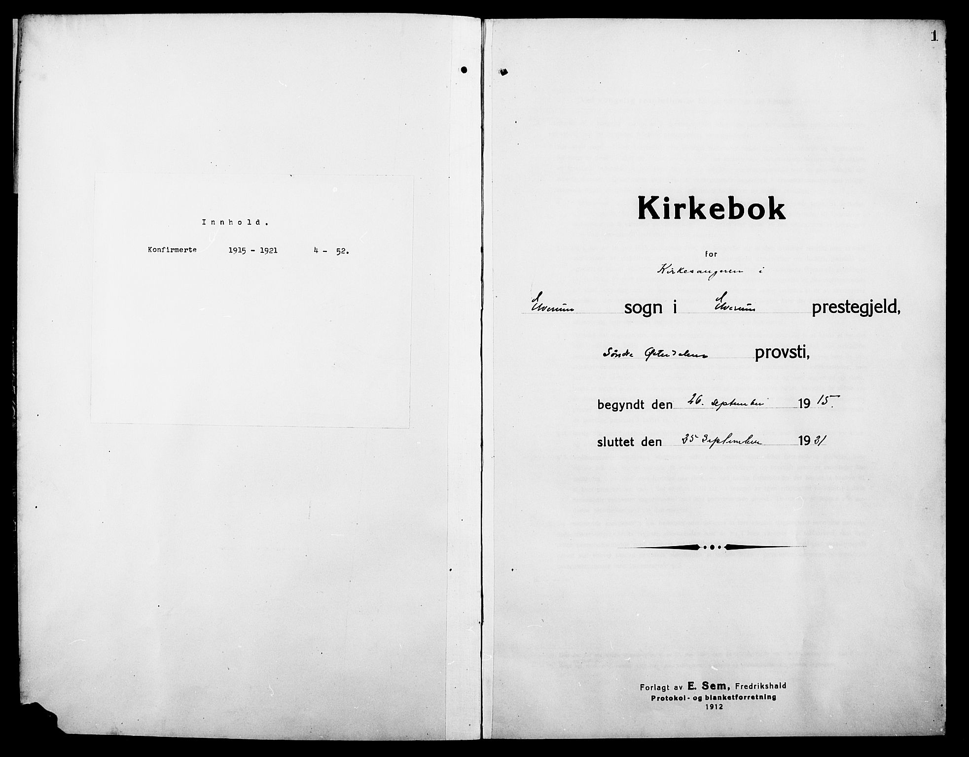 Elverum prestekontor, SAH/PREST-044/H/Ha/Hab/L0012: Klokkerbok nr. 12, 1915-1921, s. 1