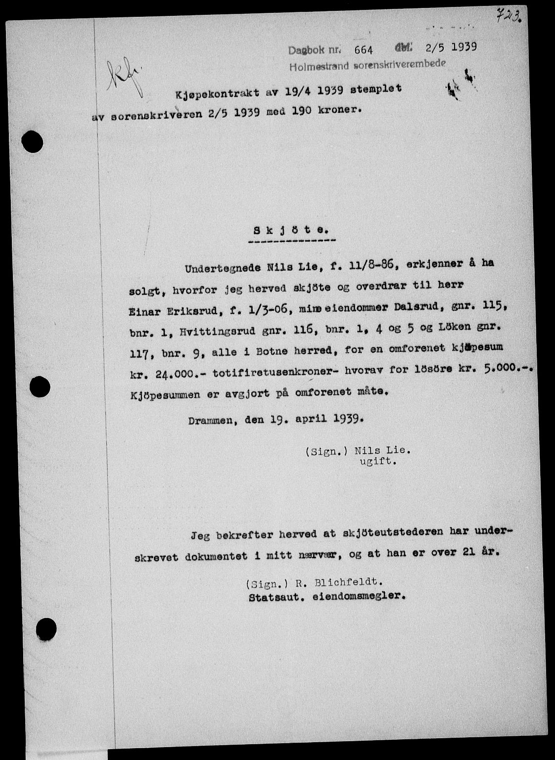 Holmestrand sorenskriveri, SAKO/A-67/G/Ga/Gaa/L0050: Pantebok nr. A-50, 1938-1939, Dagboknr: 664/1939
