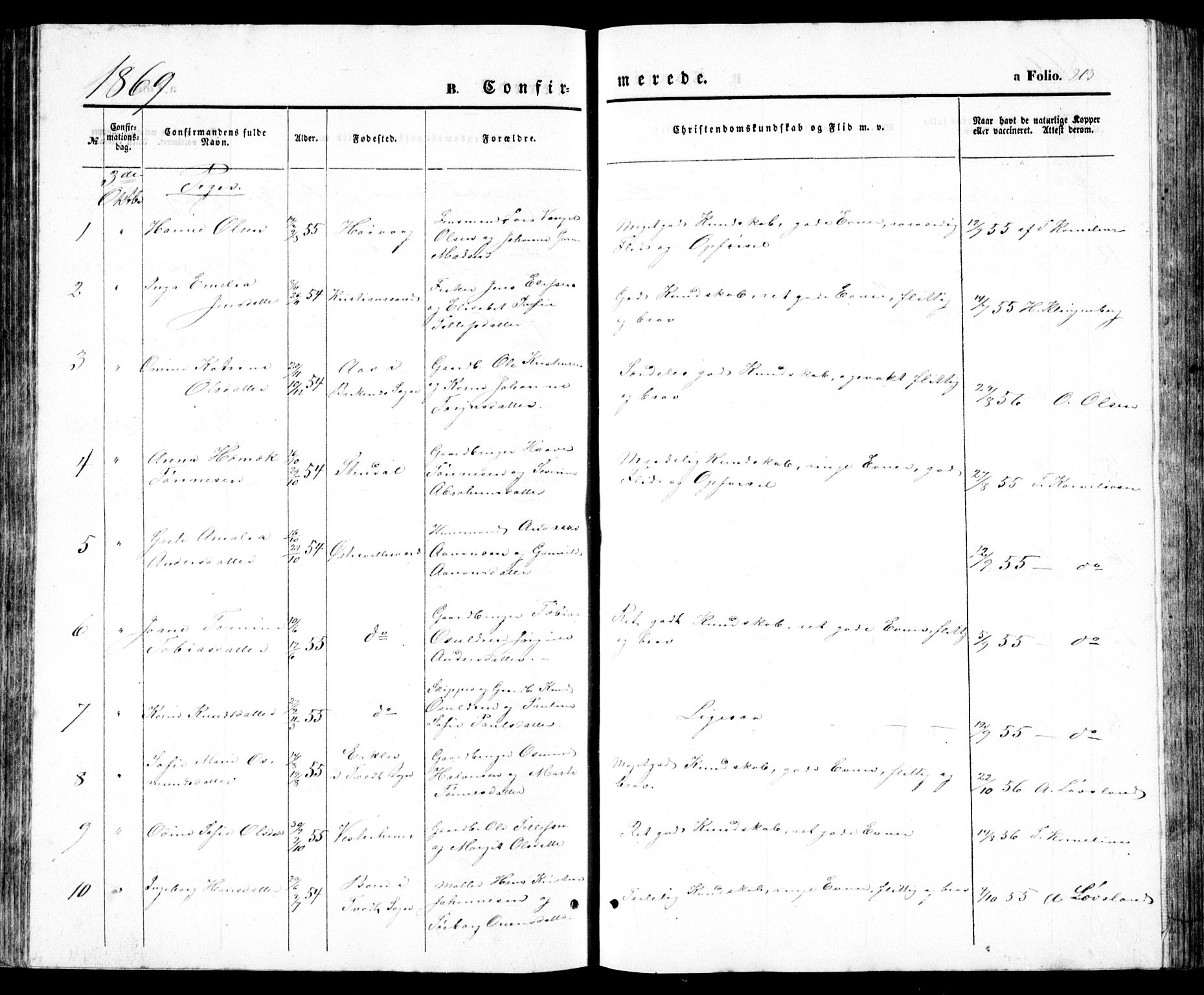 Høvåg sokneprestkontor, SAK/1111-0025/F/Fb/L0002: Klokkerbok nr. B 2, 1847-1869, s. 213
