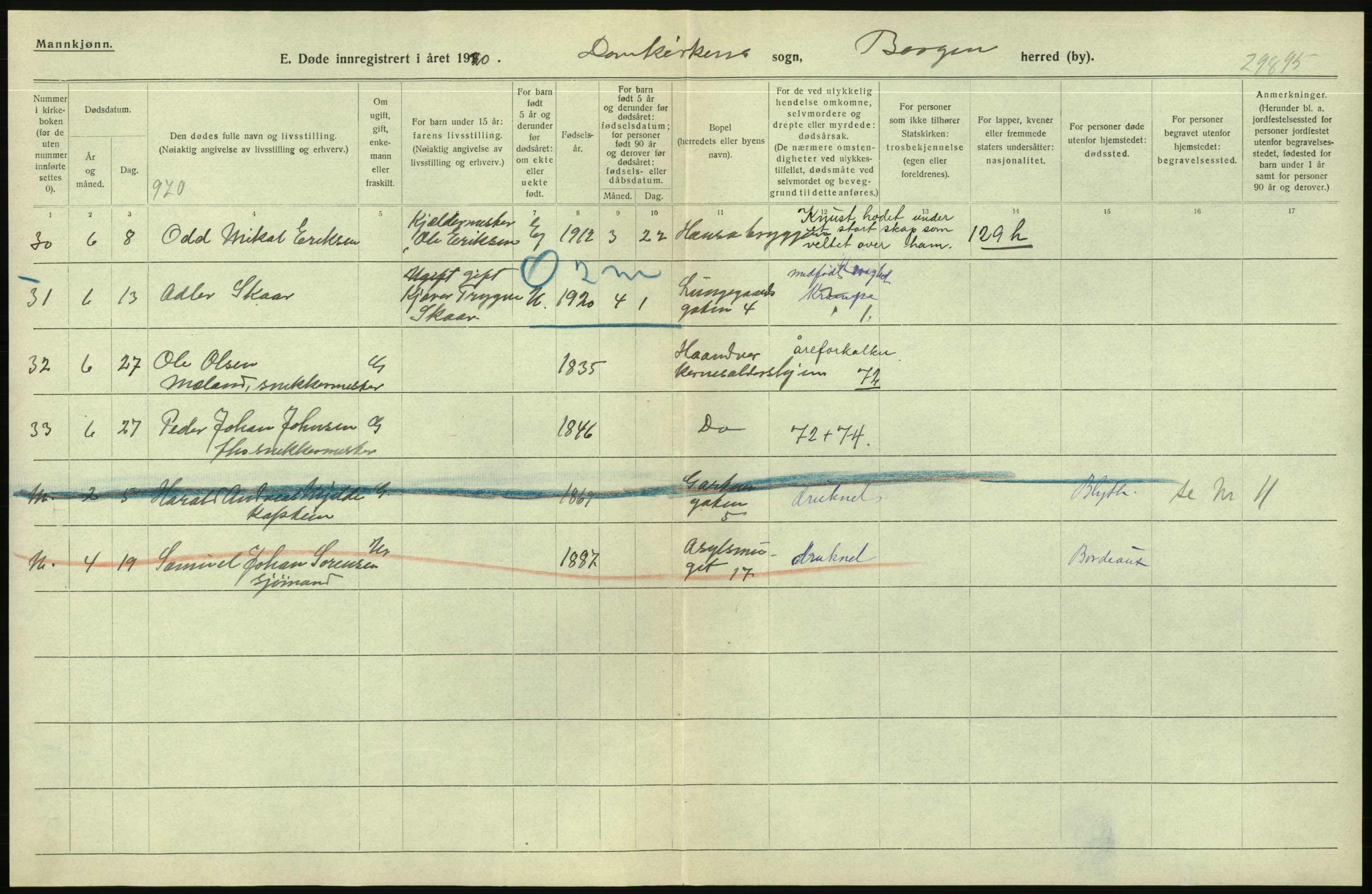 Statistisk sentralbyrå, Sosiodemografiske emner, Befolkning, AV/RA-S-2228/D/Df/Dfb/Dfbj/L0042: Bergen: Gifte, døde, dødfødte., 1920, s. 654