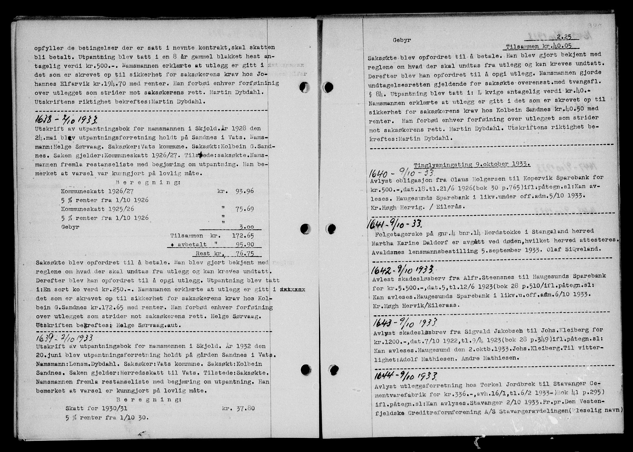 Karmsund sorenskriveri, SAST/A-100311/01/II/IIB/L0061: Pantebok nr. 42, 1933-1933, Tingl.dato: 09.10.1933