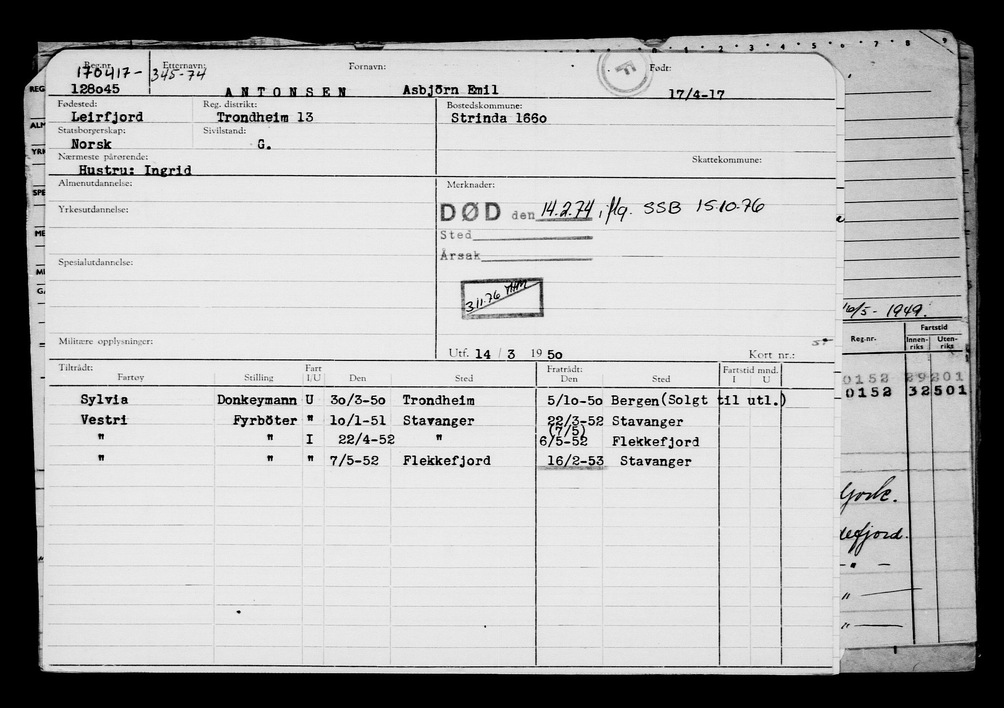 Direktoratet for sjømenn, RA/S-3545/G/Gb/L0147: Hovedkort, 1917, s. 707