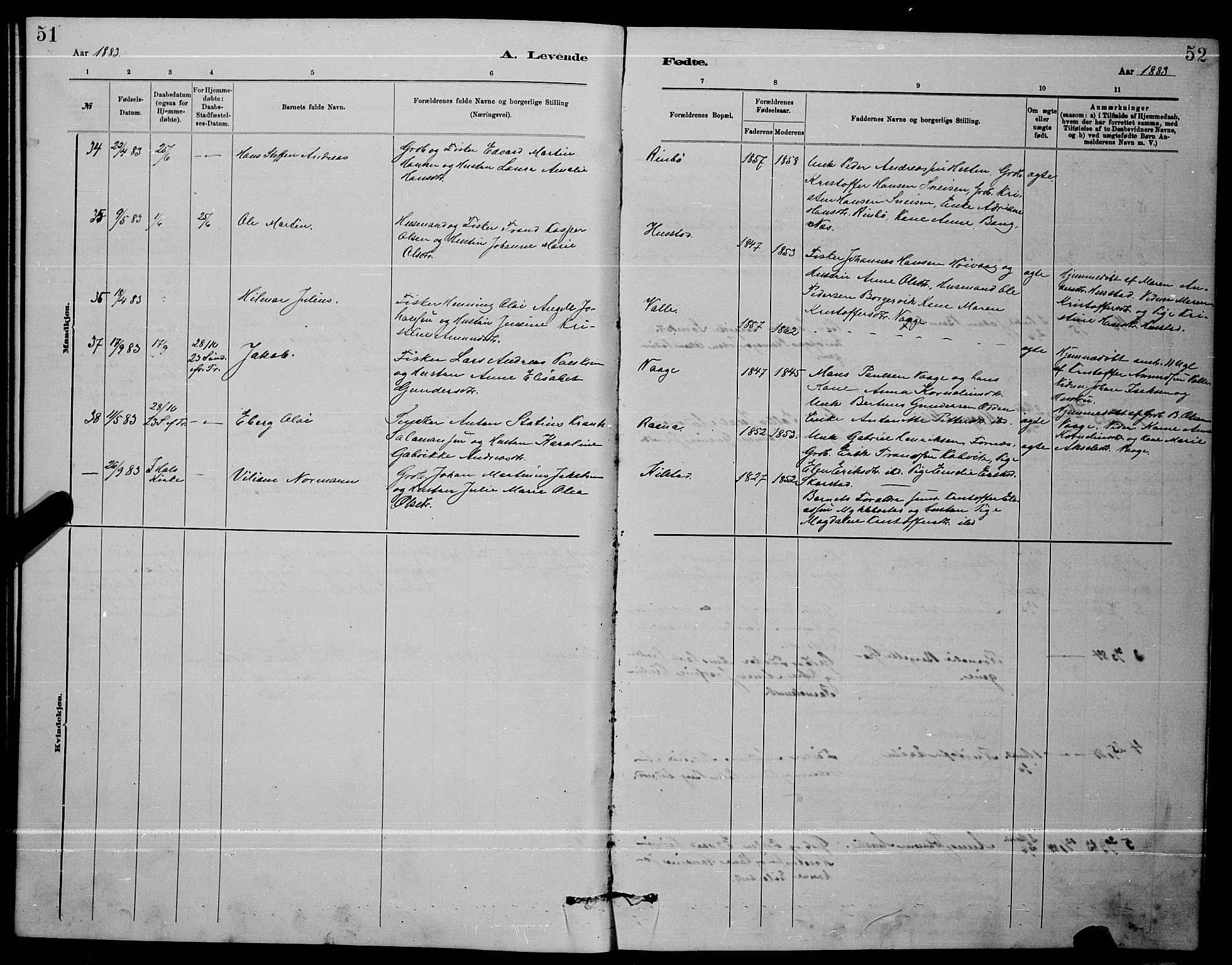 Ministerialprotokoller, klokkerbøker og fødselsregistre - Nordland, AV/SAT-A-1459/872/L1047: Klokkerbok nr. 872C03, 1880-1897, s. 51-52