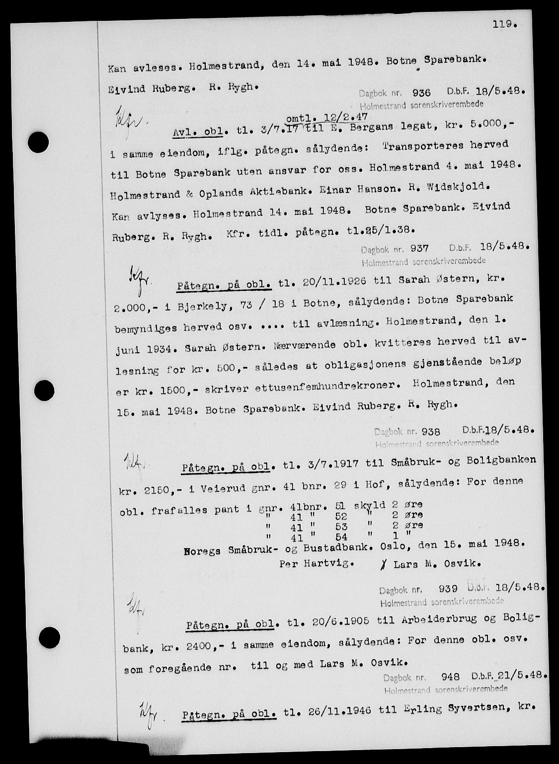 Holmestrand sorenskriveri, SAKO/A-67/G/Ga/Gab/L0058: Pantebok nr. B-58, 1947-1948, s. 119, Dagboknr: 936/1948