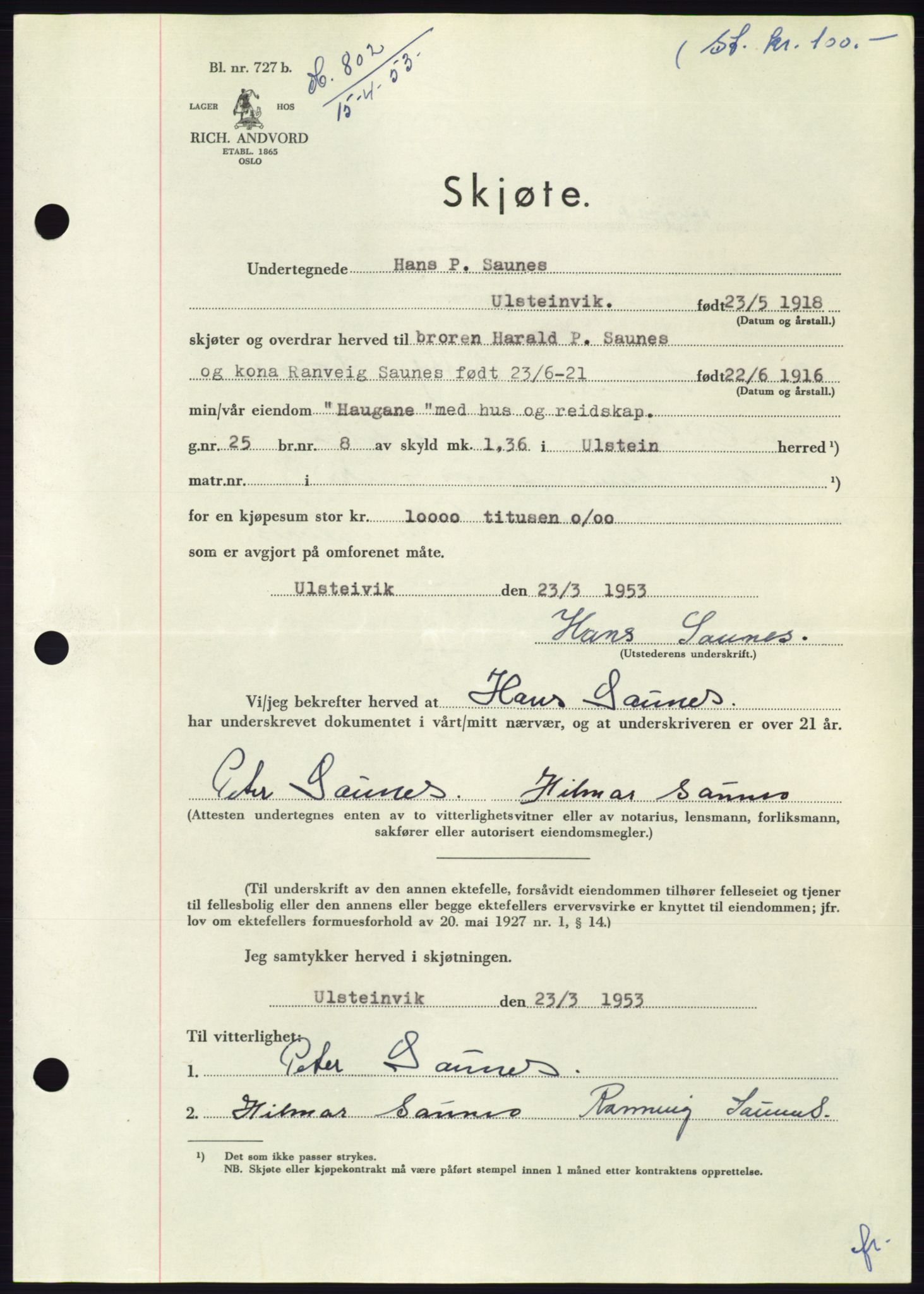 Søre Sunnmøre sorenskriveri, SAT/A-4122/1/2/2C/L0094: Pantebok nr. 20A, 1953-1953, Dagboknr: 802/1953