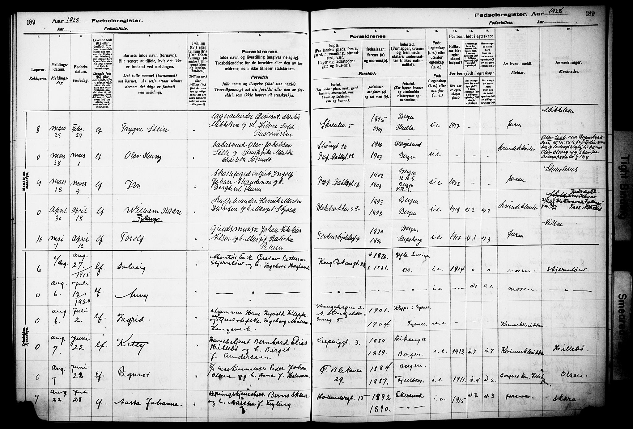 Korskirken sokneprestembete, AV/SAB-A-76101/I/Id/L00A1: Fødselsregister nr. A 1, 1916-1929, s. 189