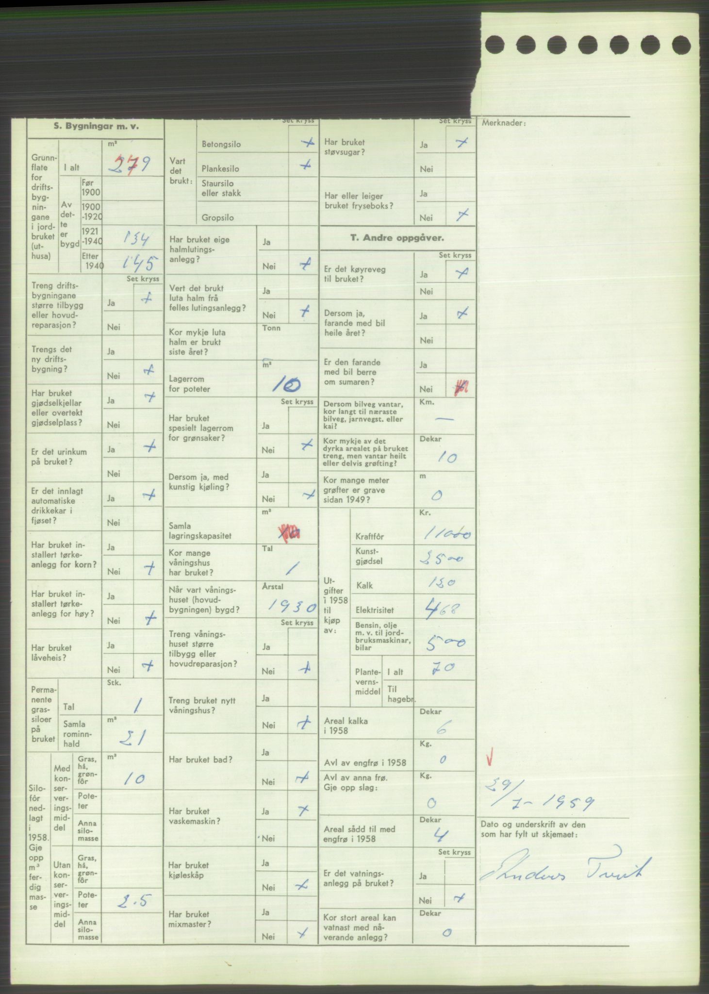 Statistisk sentralbyrå, Næringsøkonomiske emner, Jordbruk, skogbruk, jakt, fiske og fangst, AV/RA-S-2234/G/Gd/L0373: Rogaland: 1130 Strand (kl. 1-2), 1131 Årdal og 1132 Fister, 1959, s. 1262