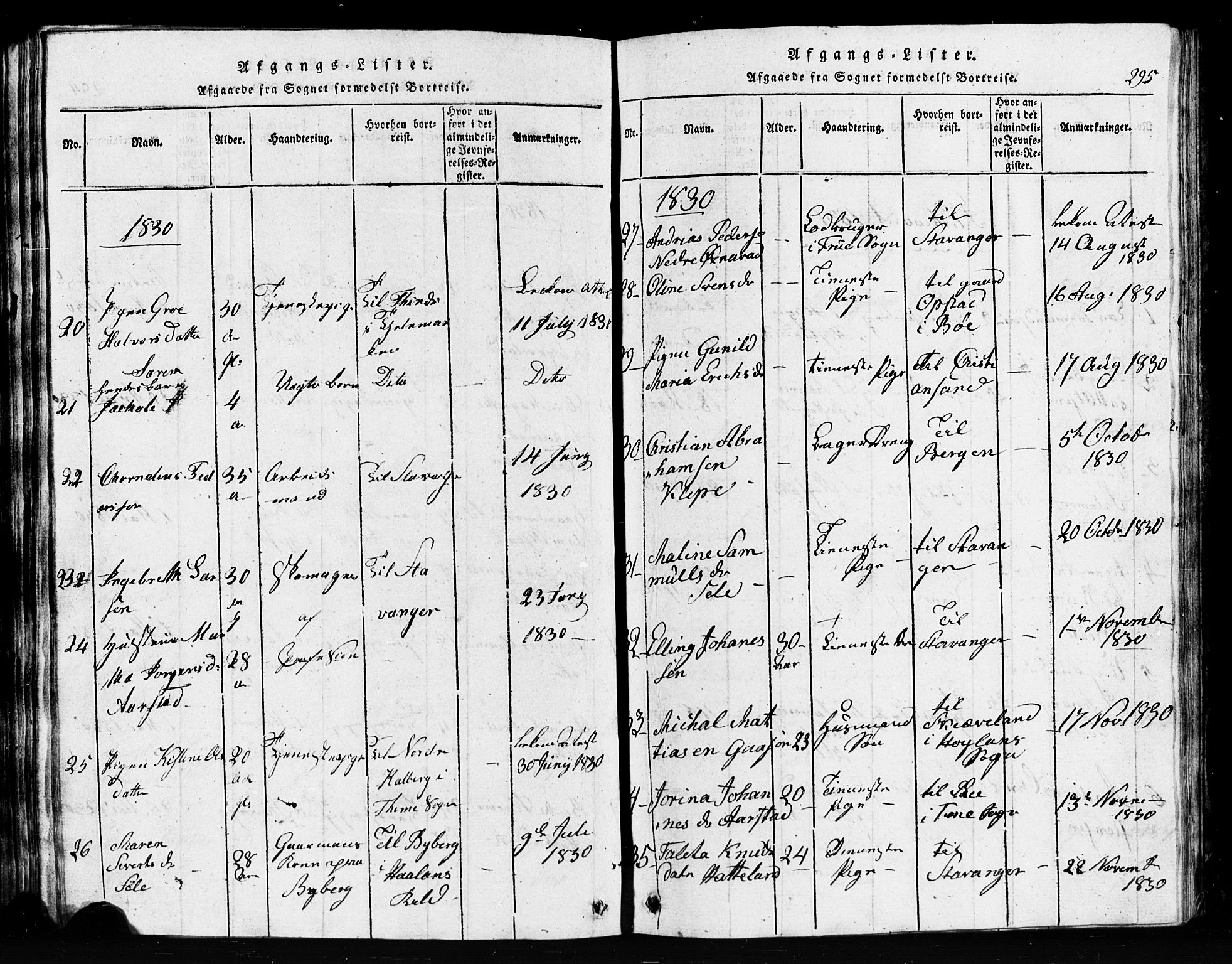 Klepp sokneprestkontor, AV/SAST-A-101803/001/3/30BB/L0001: Klokkerbok nr.  B 1, 1816-1859, s. 295