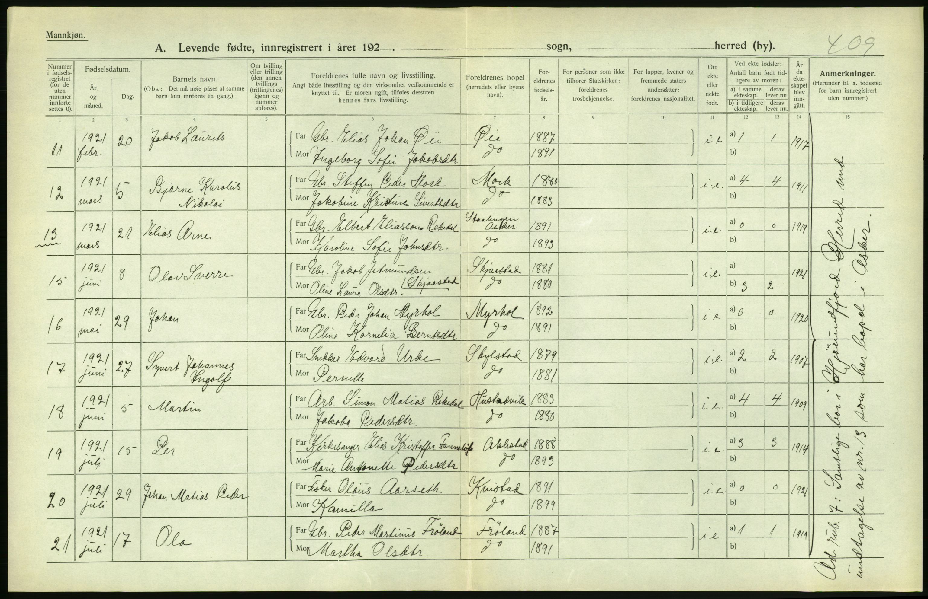 Statistisk sentralbyrå, Sosiodemografiske emner, Befolkning, RA/S-2228/D/Df/Dfc/Dfca/L0040: Møre fylke: Levendefødte menn og kvinner. Bygder., 1921, s. 78