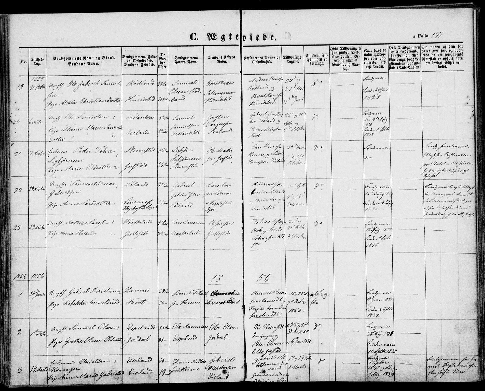 Kvinesdal sokneprestkontor, SAK/1111-0026/F/Fa/Fab/L0005: Ministerialbok nr. A 5, 1844-1857, s. 171