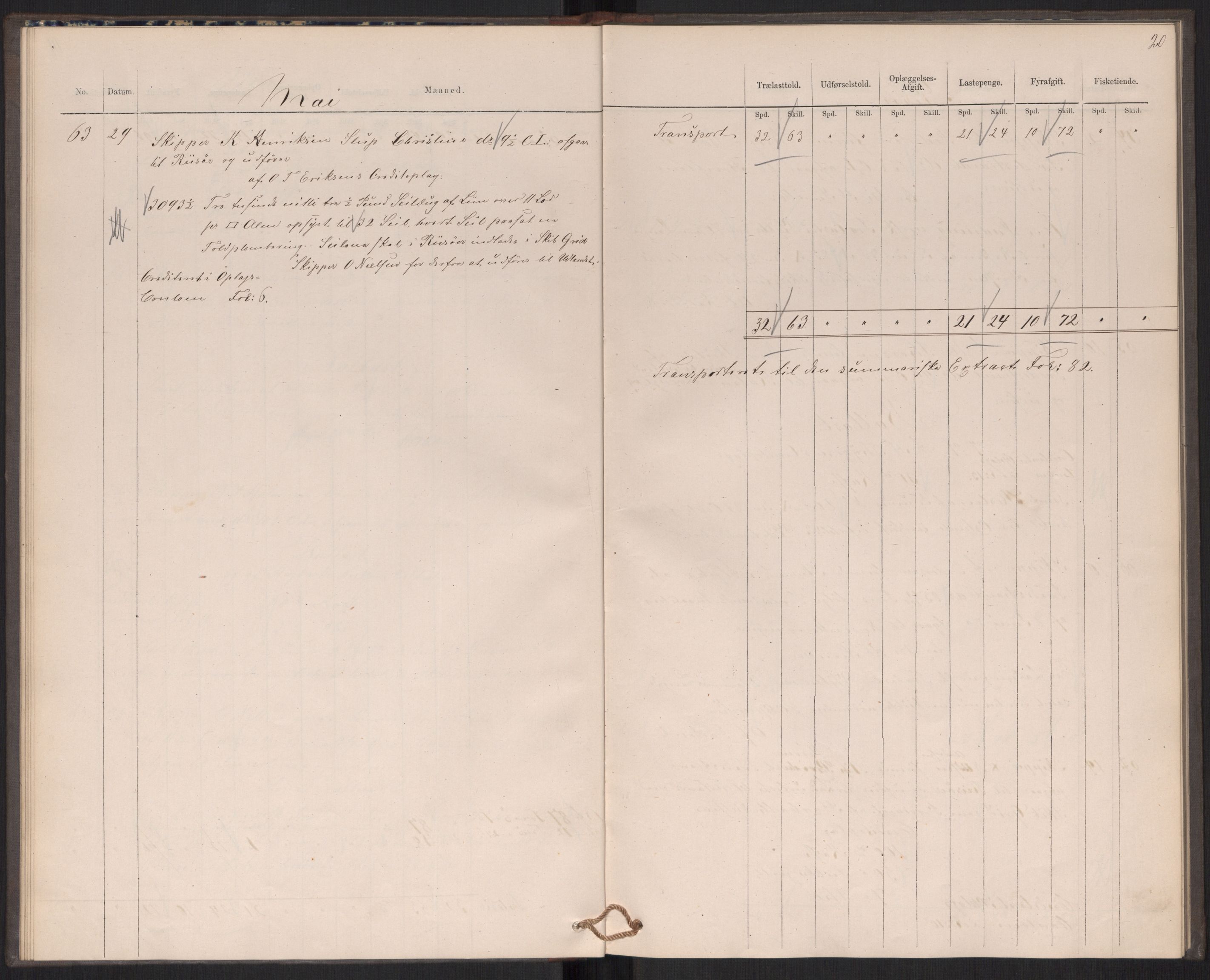 Revisjonsdepartementet, 2. revisjonskontor, AV/RA-S-1115/E/E039/L0276: Tvedestrand: Utgående tollbok, 1876, s. 20