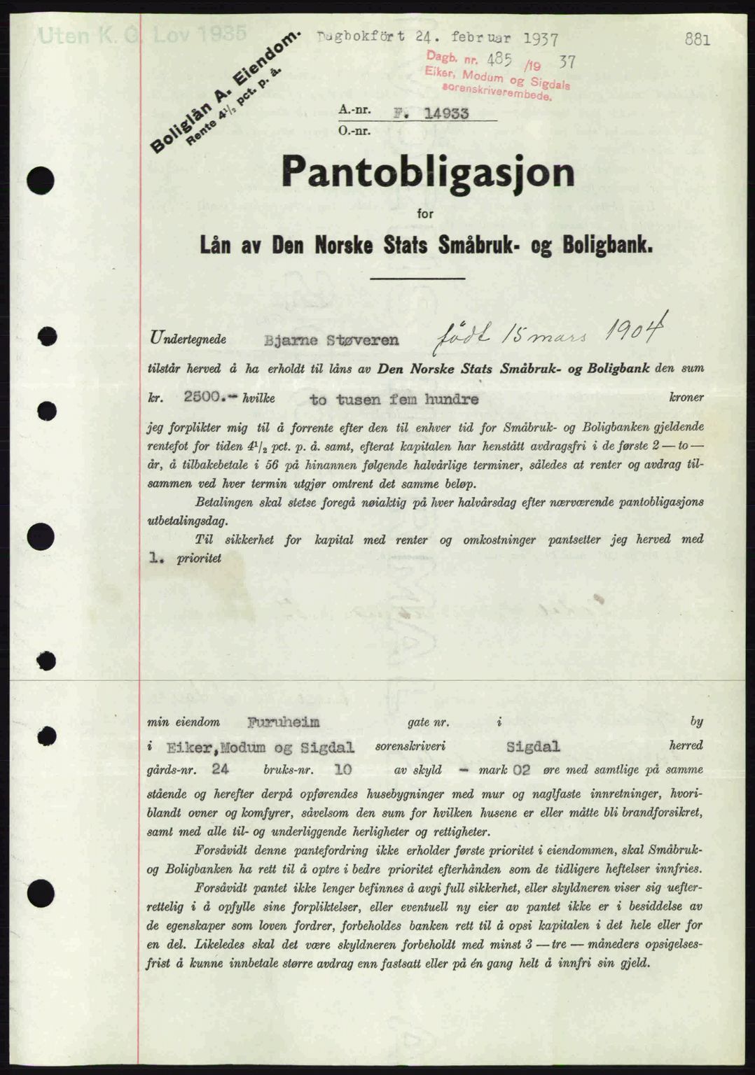 Eiker, Modum og Sigdal sorenskriveri, SAKO/A-123/G/Ga/Gab/L0034: Pantebok nr. A4, 1936-1937, Dagboknr: 485/1937