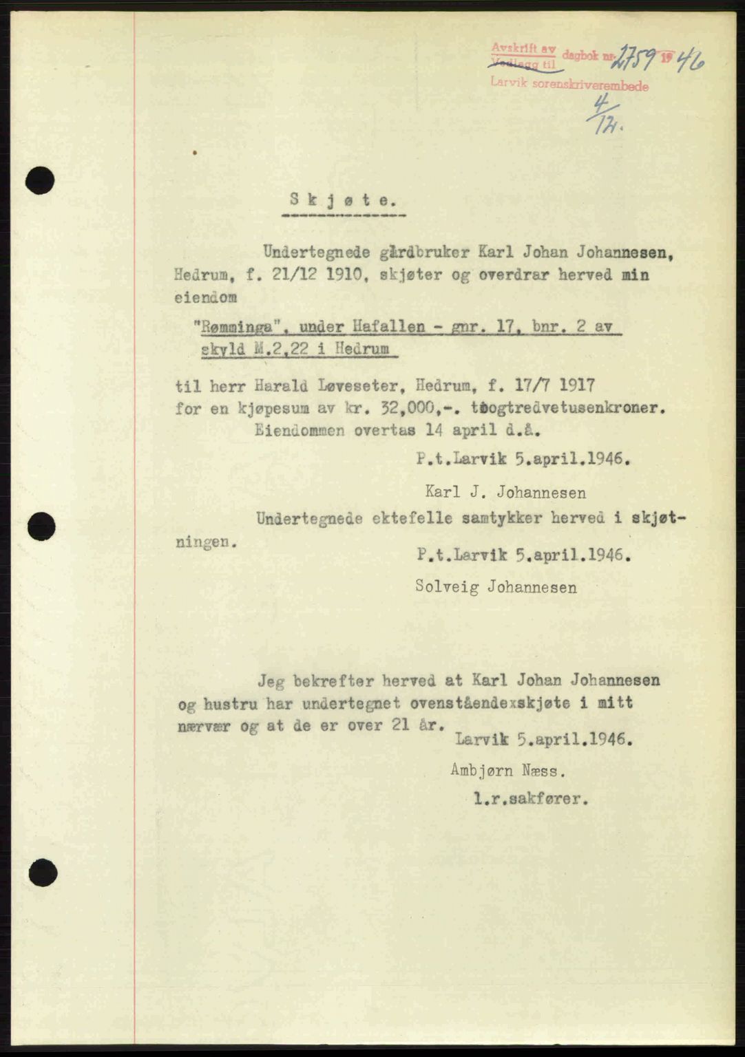 Larvik sorenskriveri, SAKO/A-83/G/Ga/Gab/L0083: Pantebok nr. A-17, 1946-1947, Dagboknr: 2759/1946