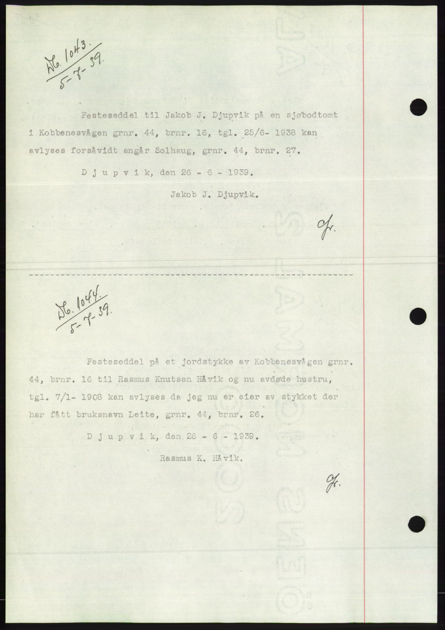 Søre Sunnmøre sorenskriveri, AV/SAT-A-4122/1/2/2C/L0068: Pantebok nr. 62, 1939-1939, Dagboknr: 1043/1939