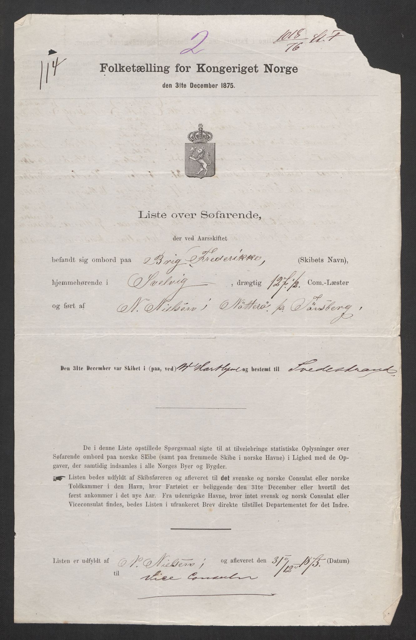 RA, Folketelling 1875, skipslister: Skip i utenrikske havner, hjemmehørende i byer og ladesteder, Fredrikshald - Arendal, 1875, s. 324