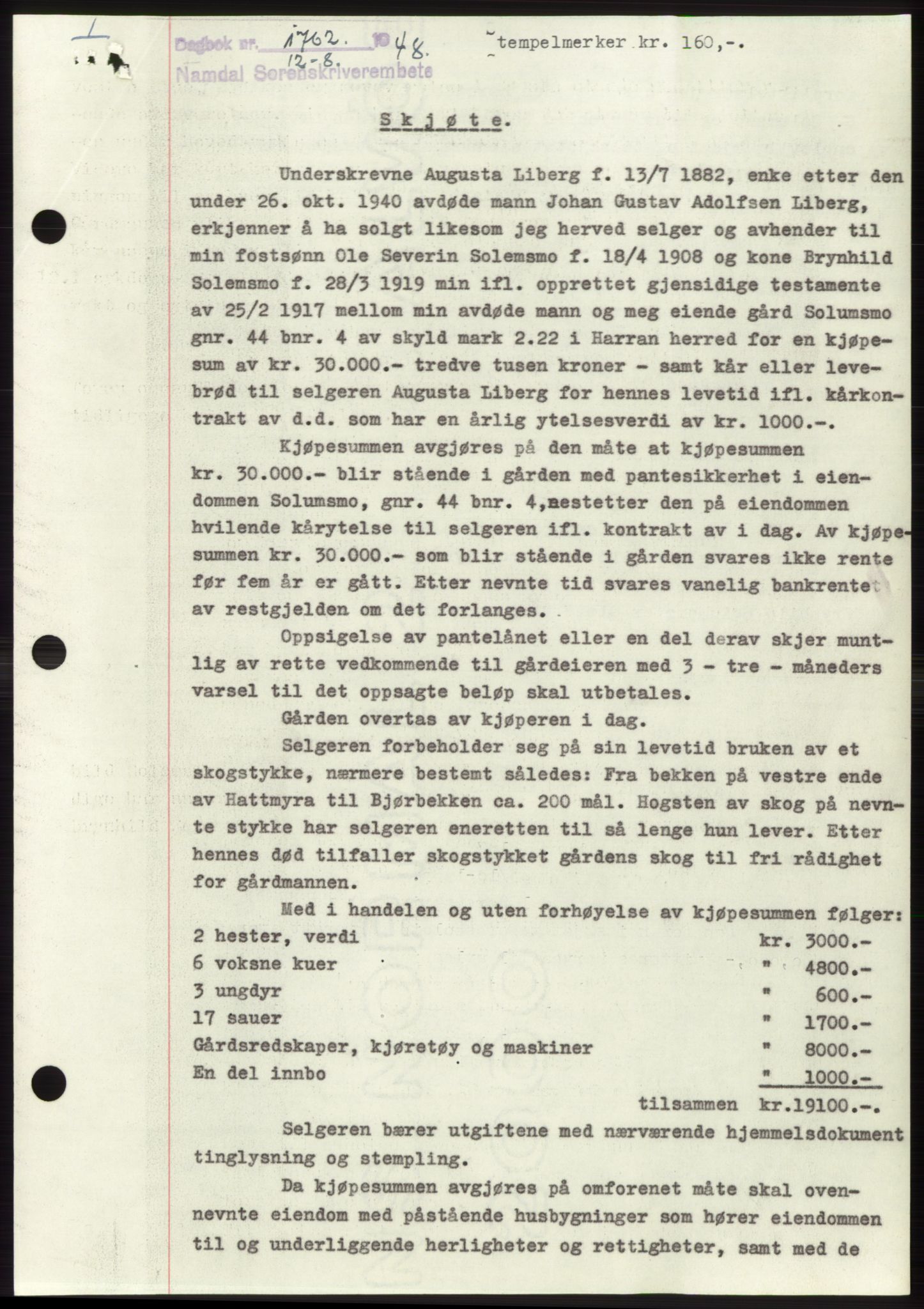 Namdal sorenskriveri, SAT/A-4133/1/2/2C: Pantebok nr. -, 1948-1948, Dagboknr: 1762/1948