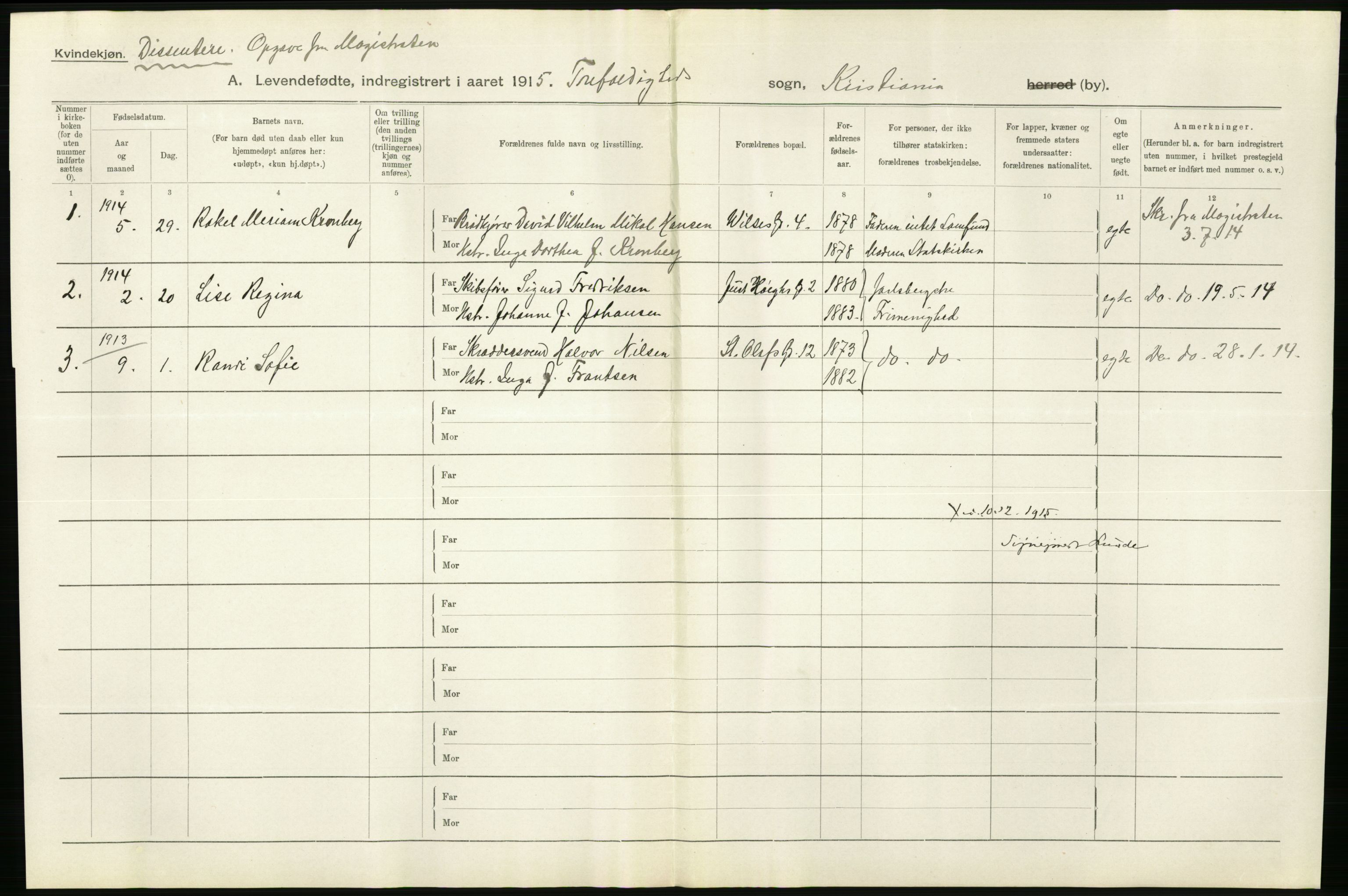 Statistisk sentralbyrå, Sosiodemografiske emner, Befolkning, AV/RA-S-2228/D/Df/Dfb/Dfbd/L0006: Kristiania: Levendefødte menn og kvinner., 1914, s. 258