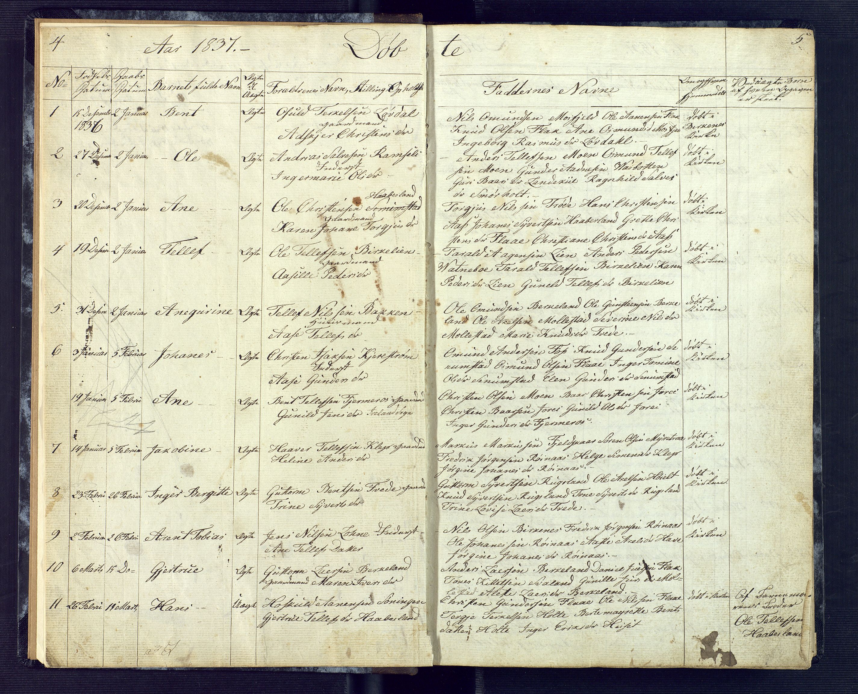 Birkenes sokneprestkontor, SAK/1111-0004/F/Fb/L0001: Klokkerbok nr. B 1, 1837-1856, s. 4-5