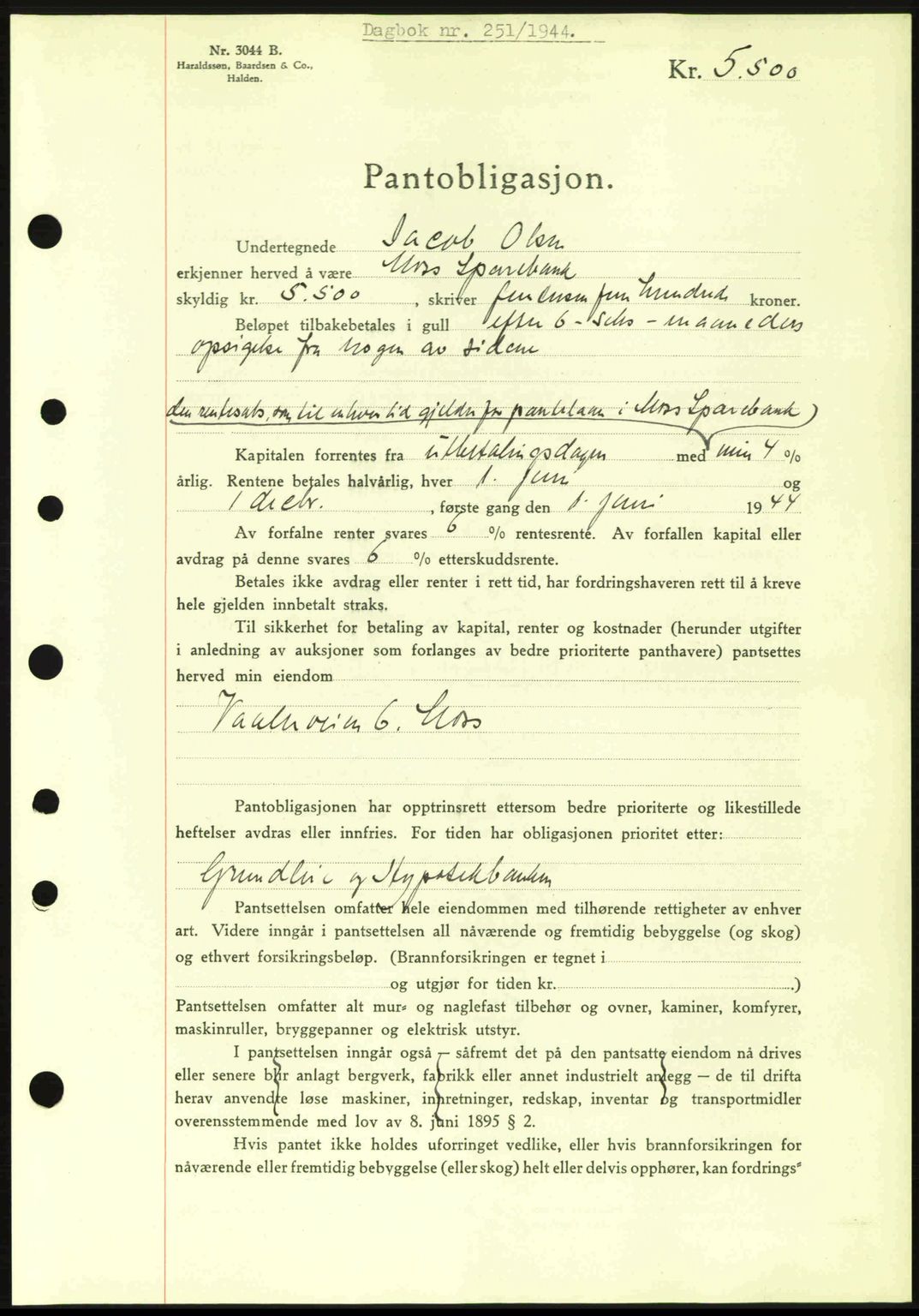 Moss sorenskriveri, SAO/A-10168: Pantebok nr. B13, 1943-1945, Dagboknr: 251/1944