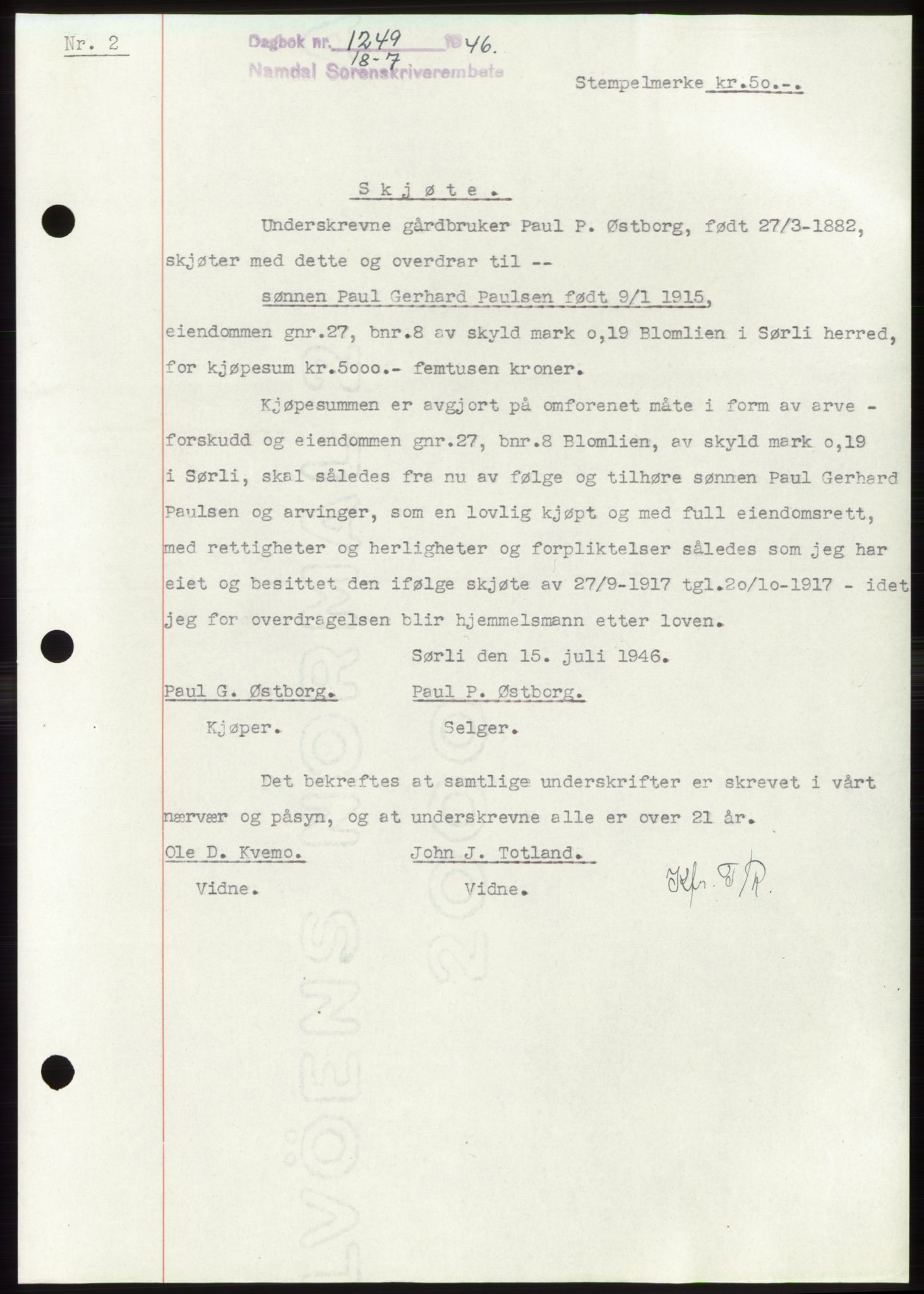 Namdal sorenskriveri, SAT/A-4133/1/2/2C: Pantebok nr. -, 1946-1946, Dagboknr: 1249/1946