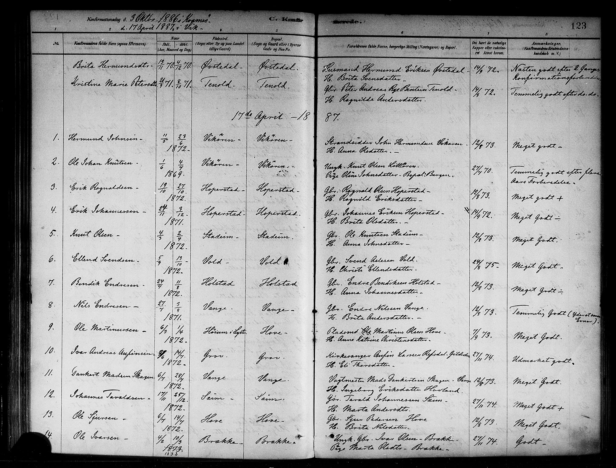 Vik sokneprestembete, AV/SAB-A-81501/H/Haa/Haab/L0001: Ministerialbok nr. B 1, 1878-1890, s. 123