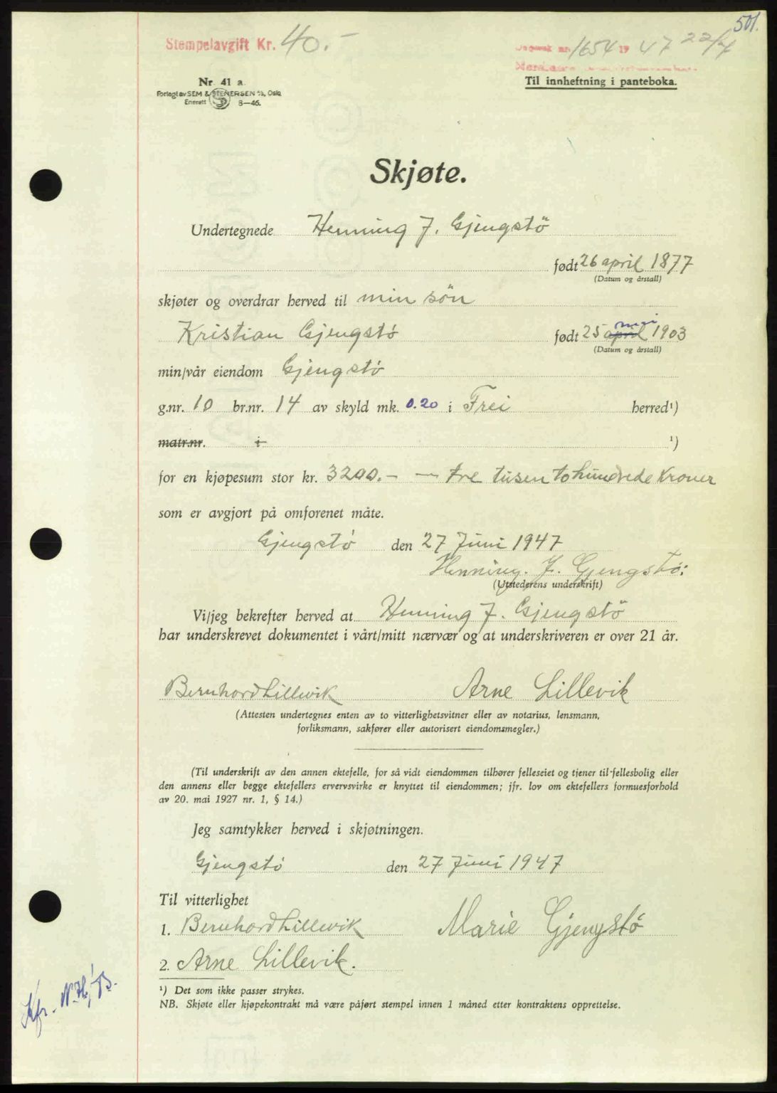 Nordmøre sorenskriveri, AV/SAT-A-4132/1/2/2Ca: Pantebok nr. A105, 1947-1947, Dagboknr: 1654/1947