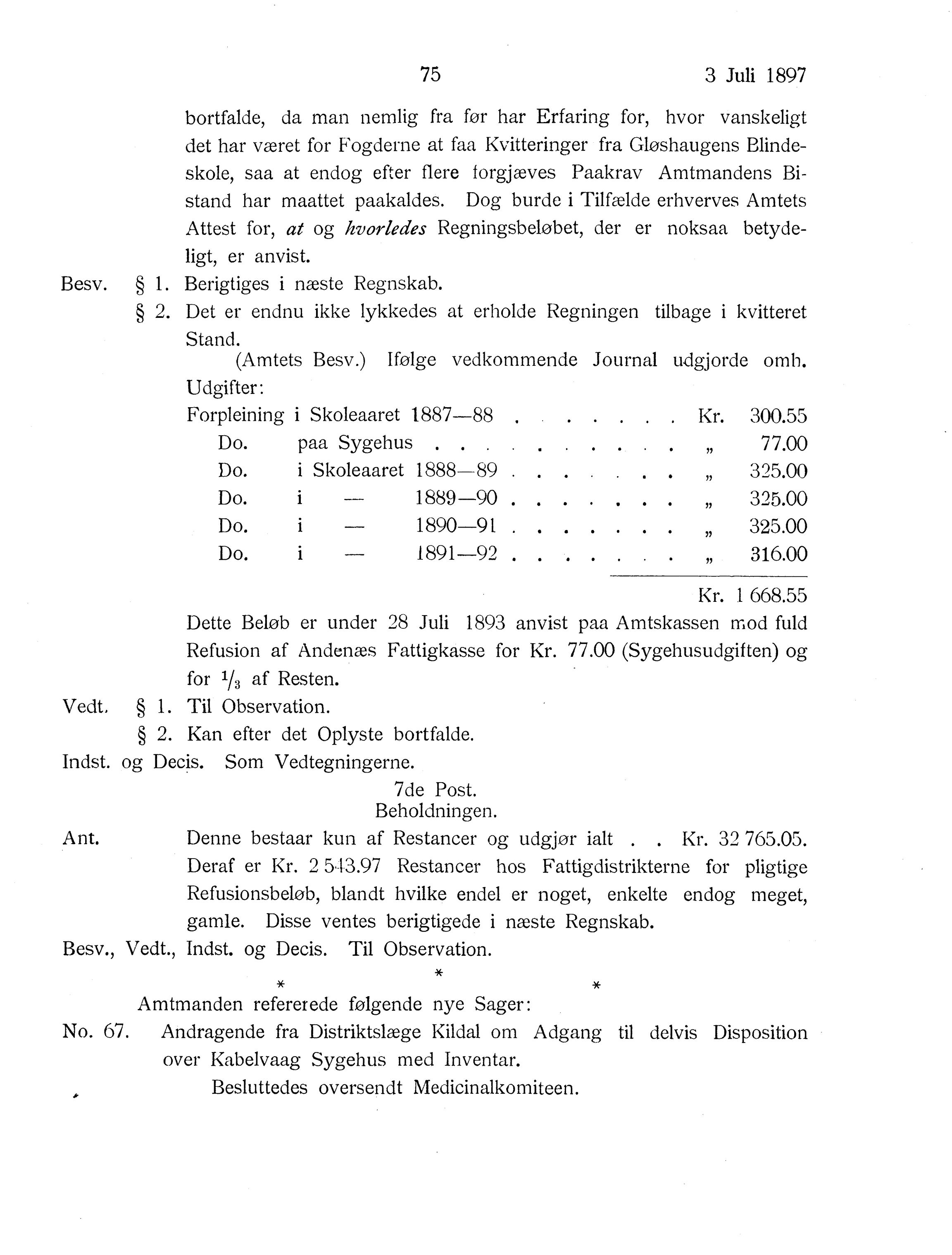 Nordland Fylkeskommune. Fylkestinget, AIN/NFK-17/176/A/Ac/L0020: Fylkestingsforhandlinger 1897, 1897