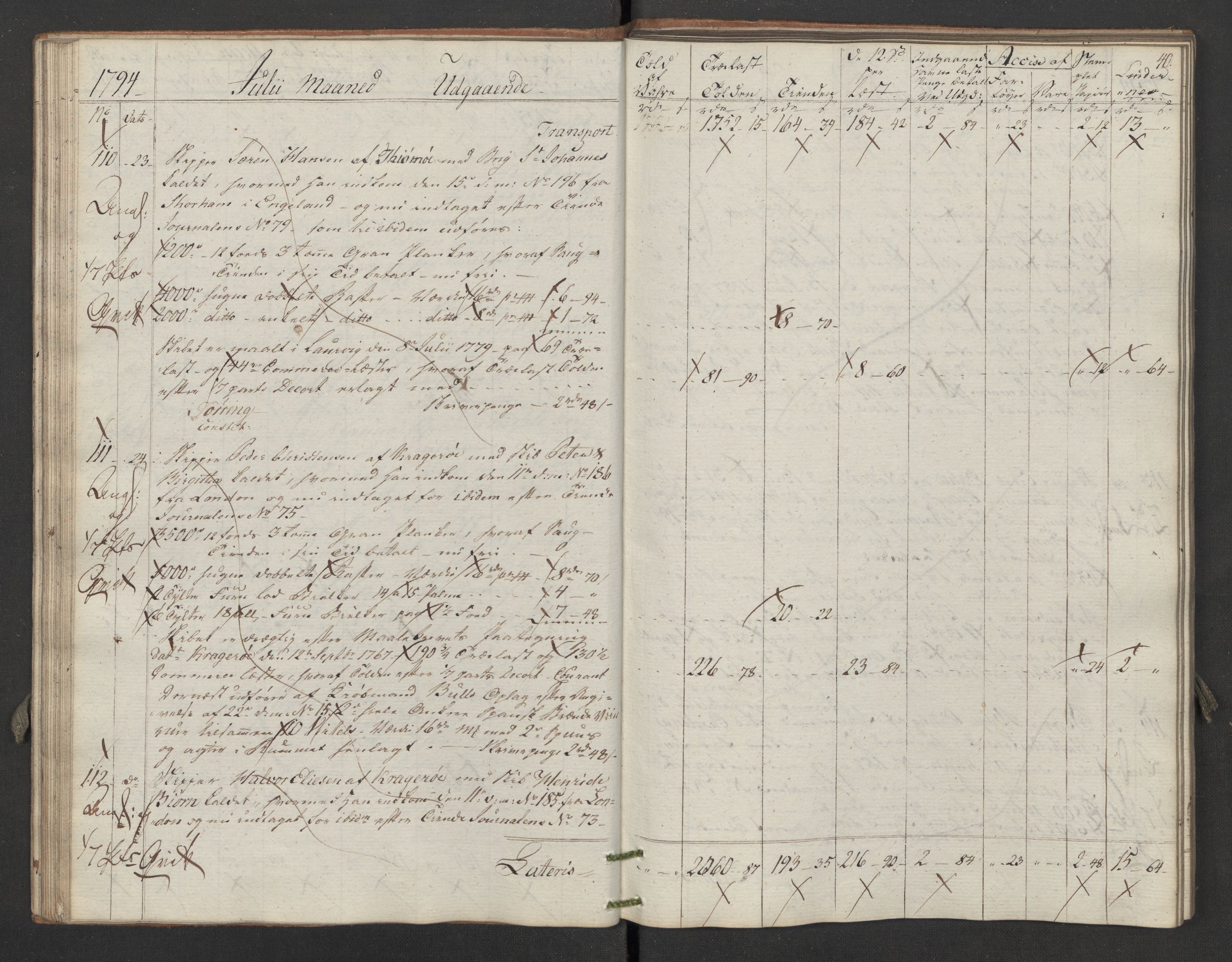 Generaltollkammeret, tollregnskaper, AV/RA-EA-5490/R02/L0116/0001: Tollregnskaper Fredrikstad / Utgående hovedtollbok, 1794, s. 39b-40a