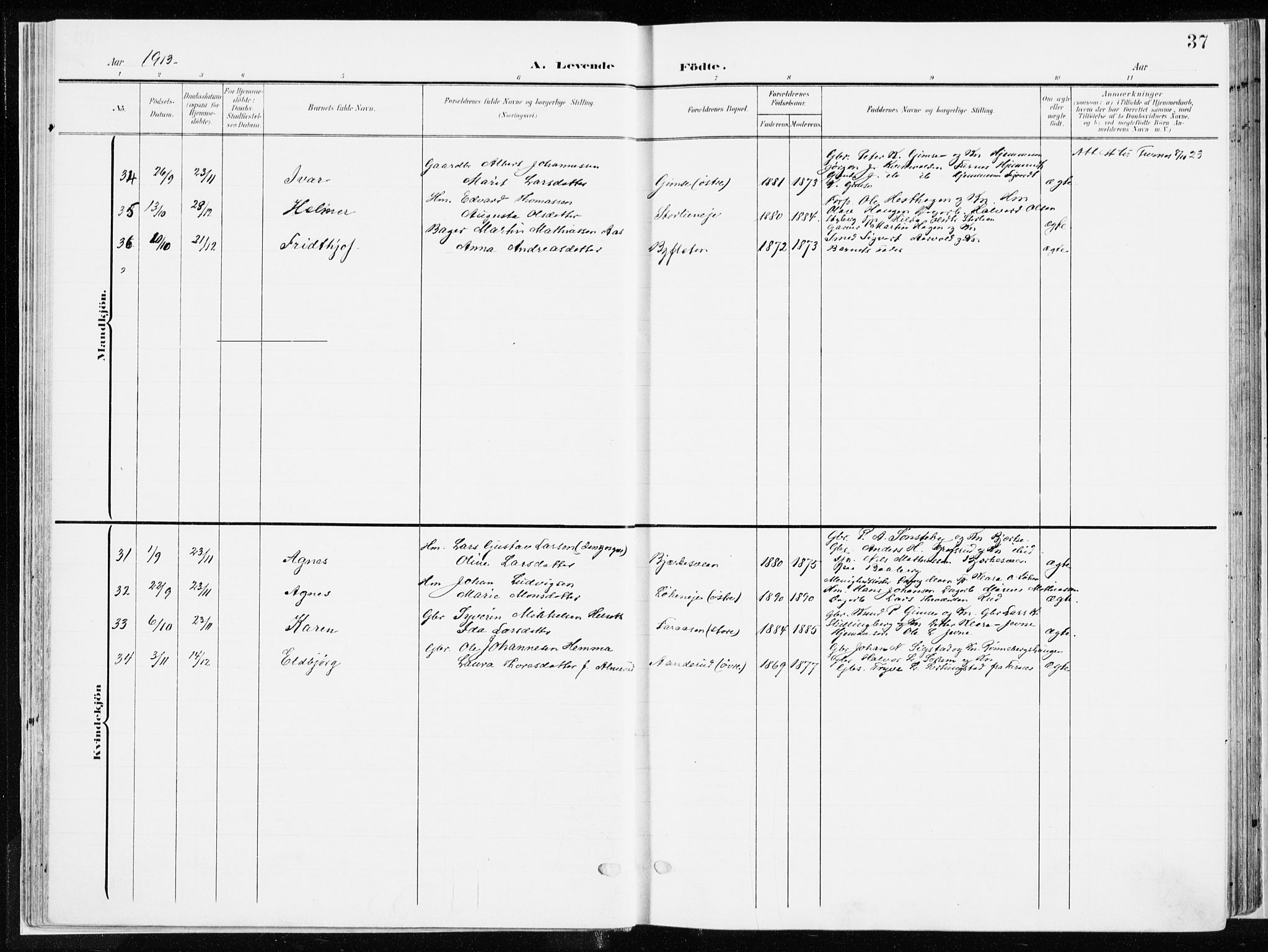 Ringsaker prestekontor, SAH/PREST-014/K/Ka/L0019: Ministerialbok nr. 19, 1905-1920, s. 37