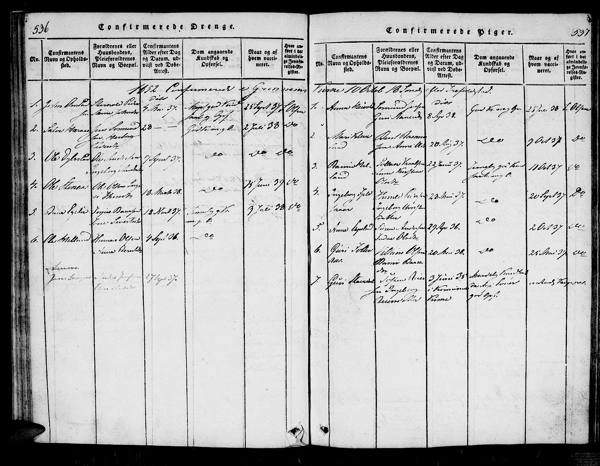Bjelland sokneprestkontor, SAK/1111-0005/F/Fa/Fab/L0002: Ministerialbok nr. A 2, 1816-1869, s. 536-537