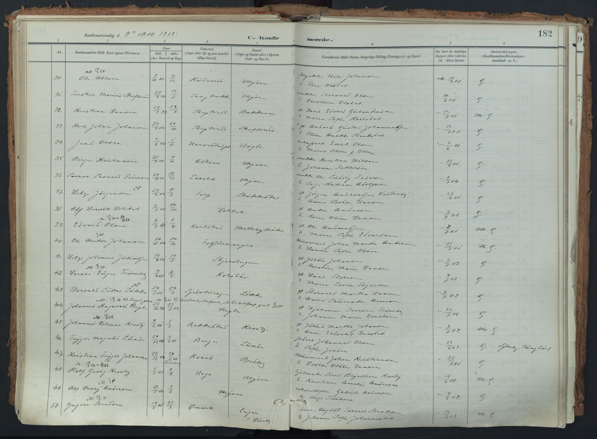 Eidsberg prestekontor Kirkebøker, AV/SAO-A-10905/F/Fa/L0014: Ministerialbok nr. I 14, 1902-1919, s. 182