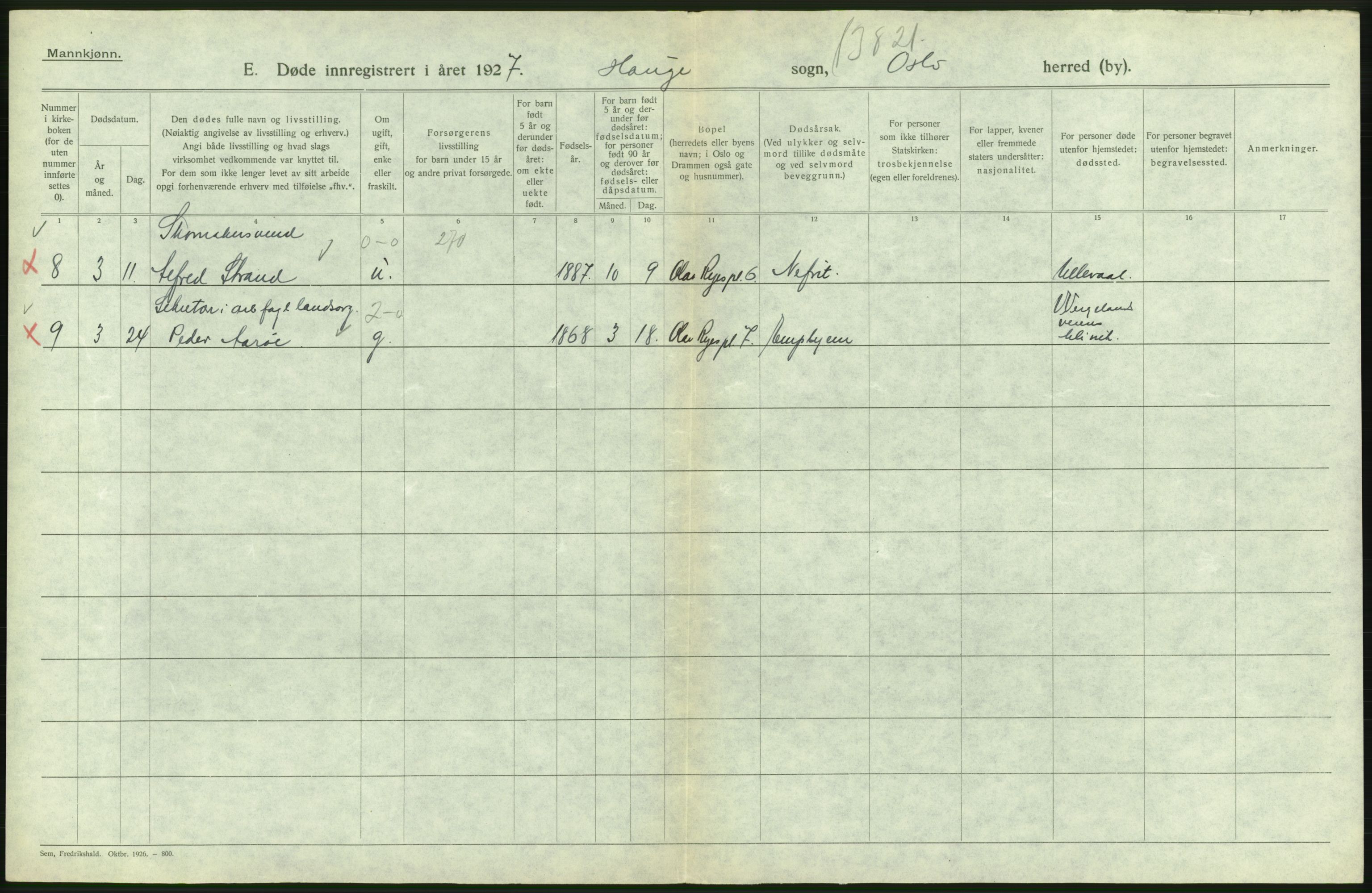 Statistisk sentralbyrå, Sosiodemografiske emner, Befolkning, AV/RA-S-2228/D/Df/Dfc/Dfcg/L0009: Oslo: Døde menn, 1927, s. 376