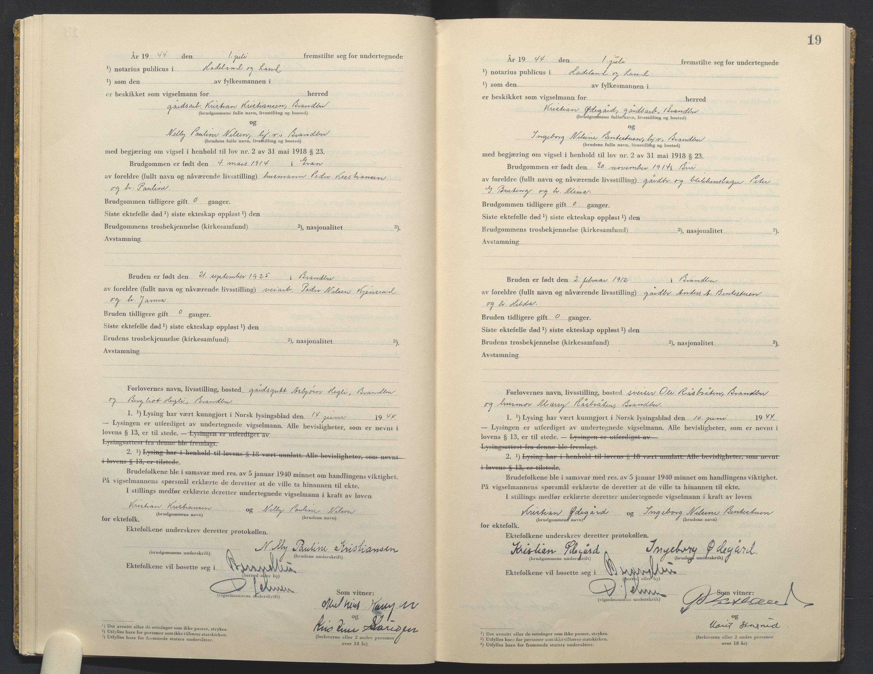 Hadeland og Land tingrett, AV/SAH-TING-010/L/Lb/L0003: Vigselbok, 1944-1946, s. 19