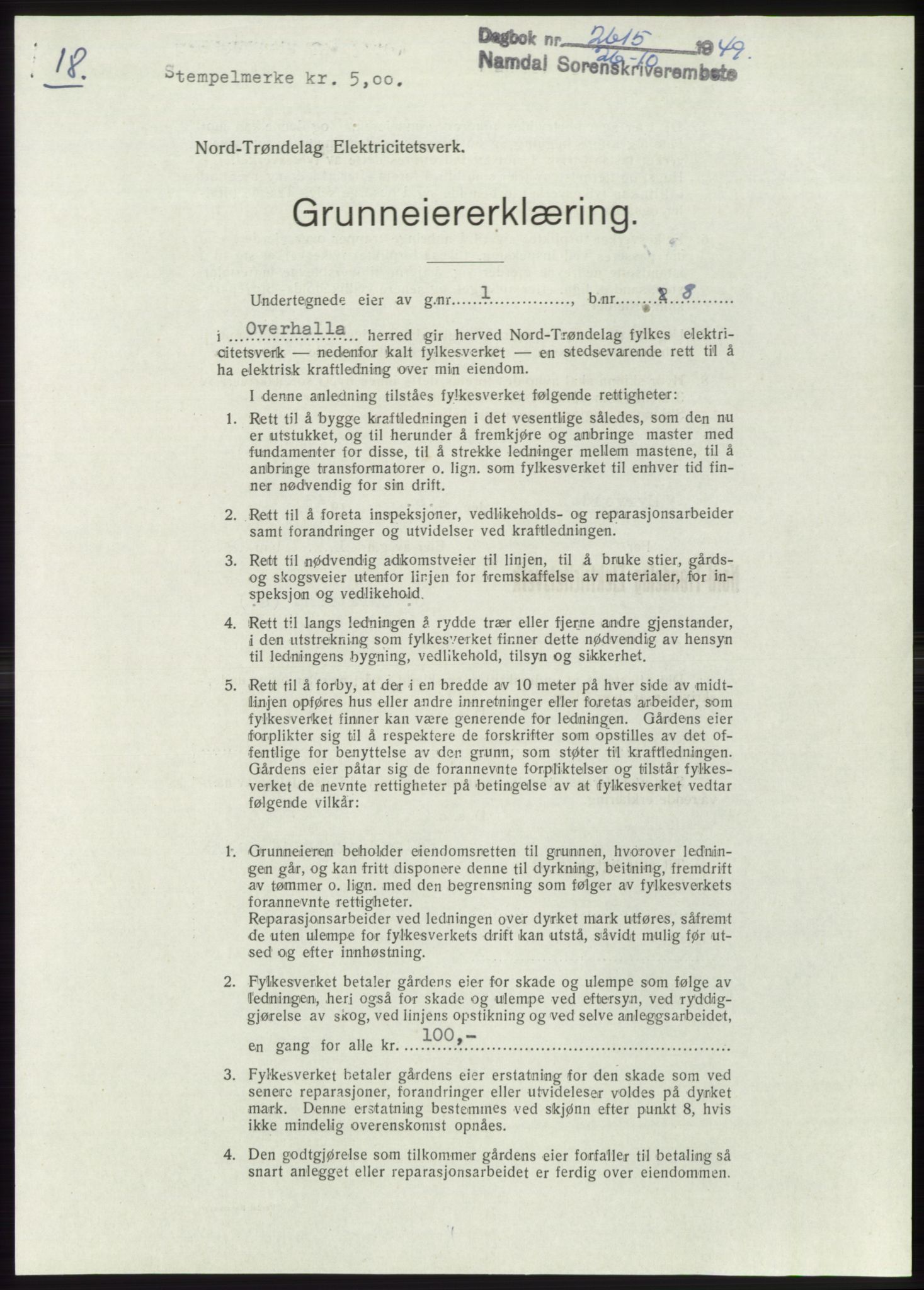 Namdal sorenskriveri, SAT/A-4133/1/2/2C: Pantebok nr. -, 1949-1949, Dagboknr: 2615/1949