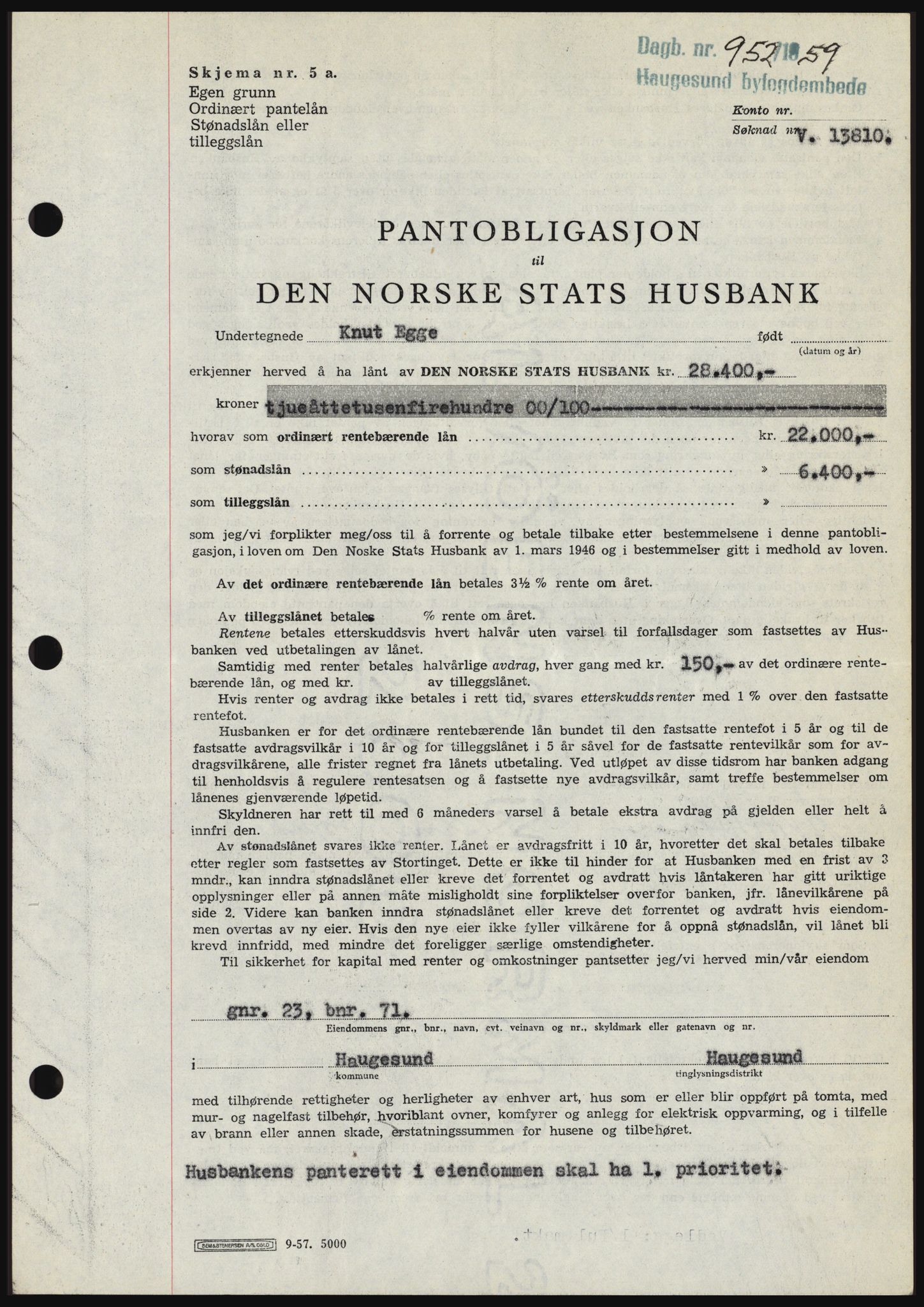 Haugesund tingrett, SAST/A-101415/01/II/IIC/L0045: Pantebok nr. B 45, 1959-1959, Dagboknr: 952/1959