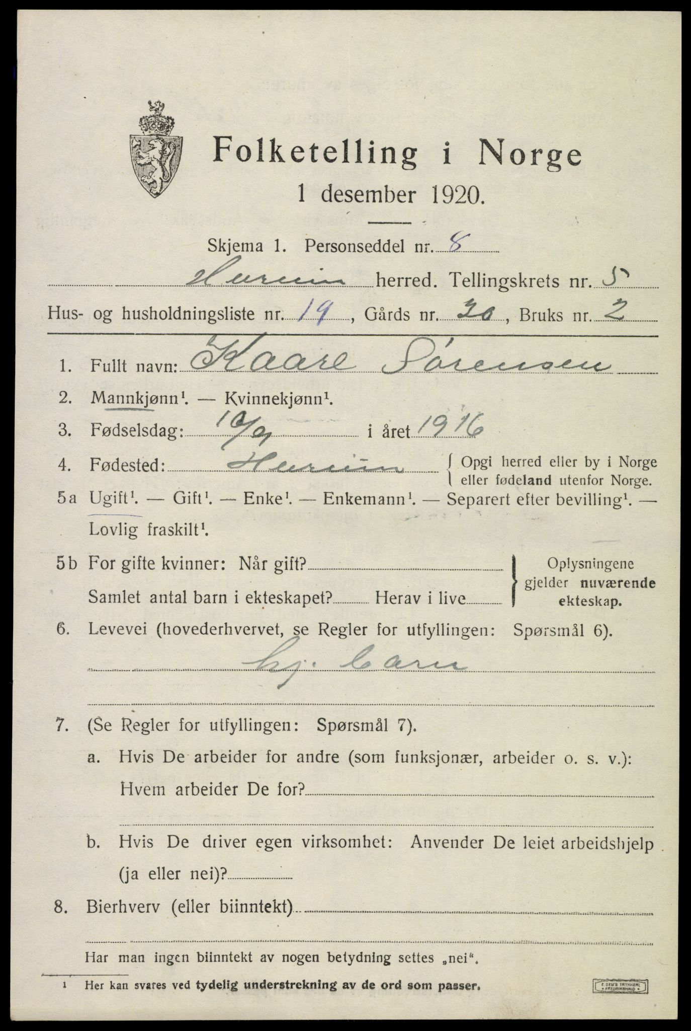 SAKO, Folketelling 1920 for 0628 Hurum herred, 1920, s. 6322