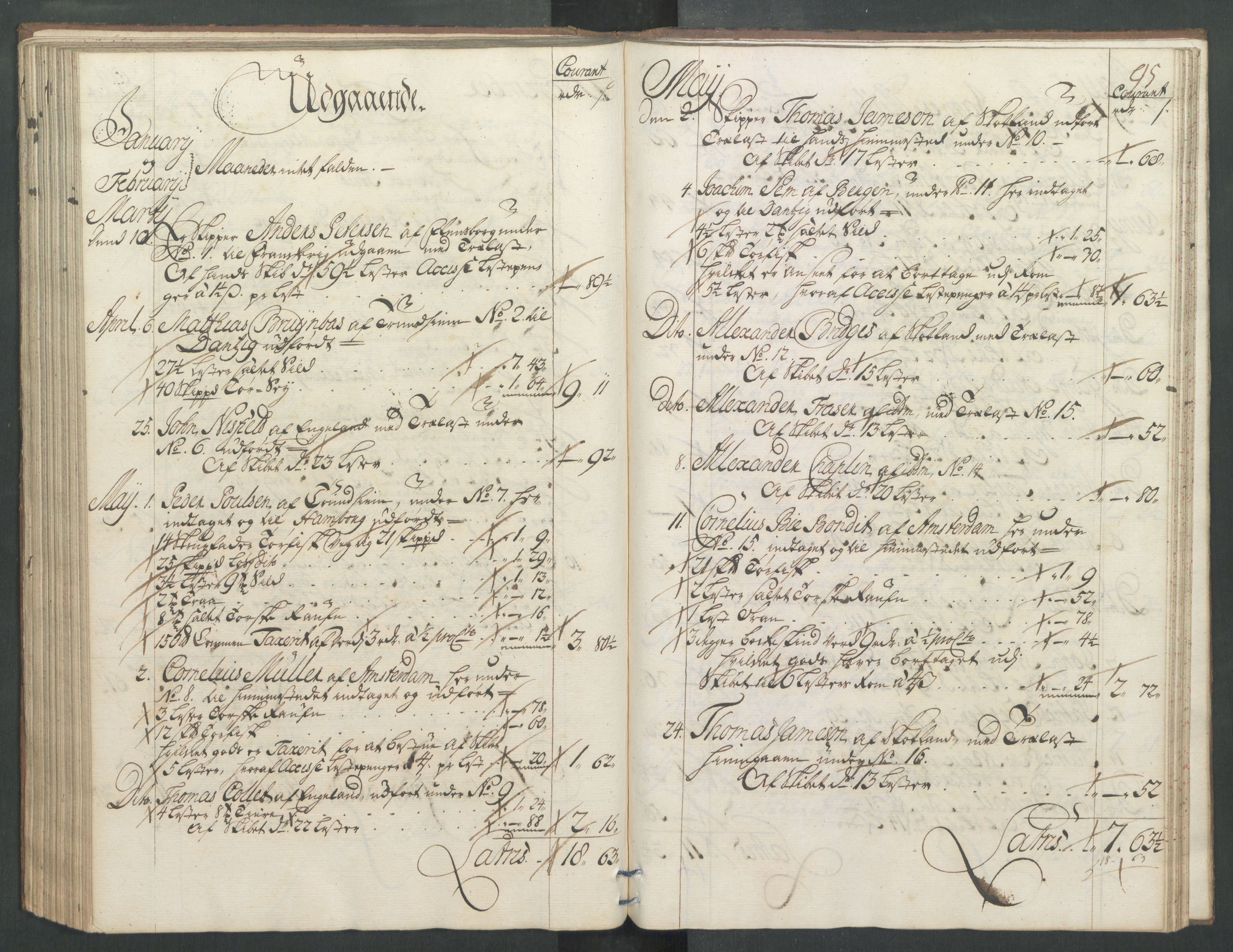 Generaltollkammeret, tollregnskaper, RA/EA-5490/R32/L0004/0001: Tollregnskaper Kristiansund / Hovedtollbok, 1731, s. 94b-95a