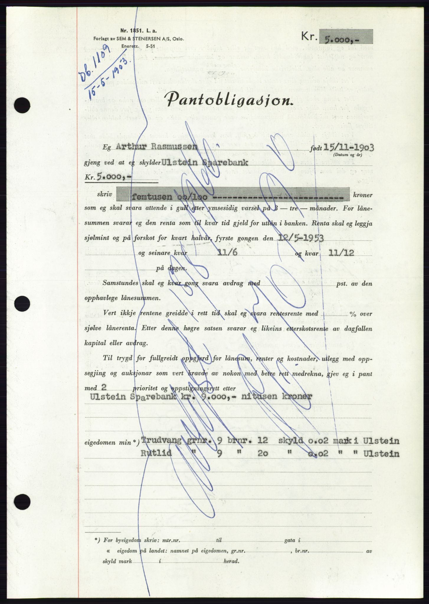 Søre Sunnmøre sorenskriveri, SAT/A-4122/1/2/2C/L0123: Pantebok nr. 11B, 1953-1953, Dagboknr: 1109/1953