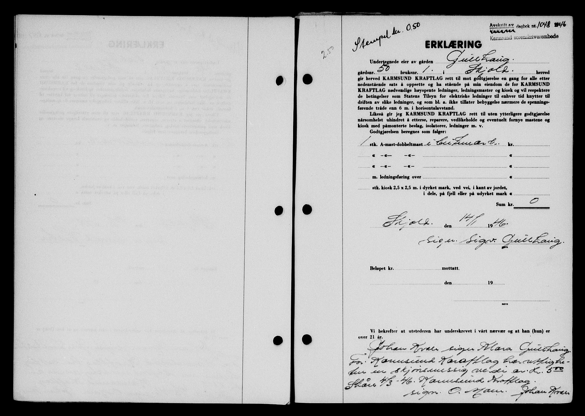 Karmsund sorenskriveri, AV/SAST-A-100311/01/II/IIB/L0085: Pantebok nr. 66A, 1946-1946, Dagboknr: 1048/1946