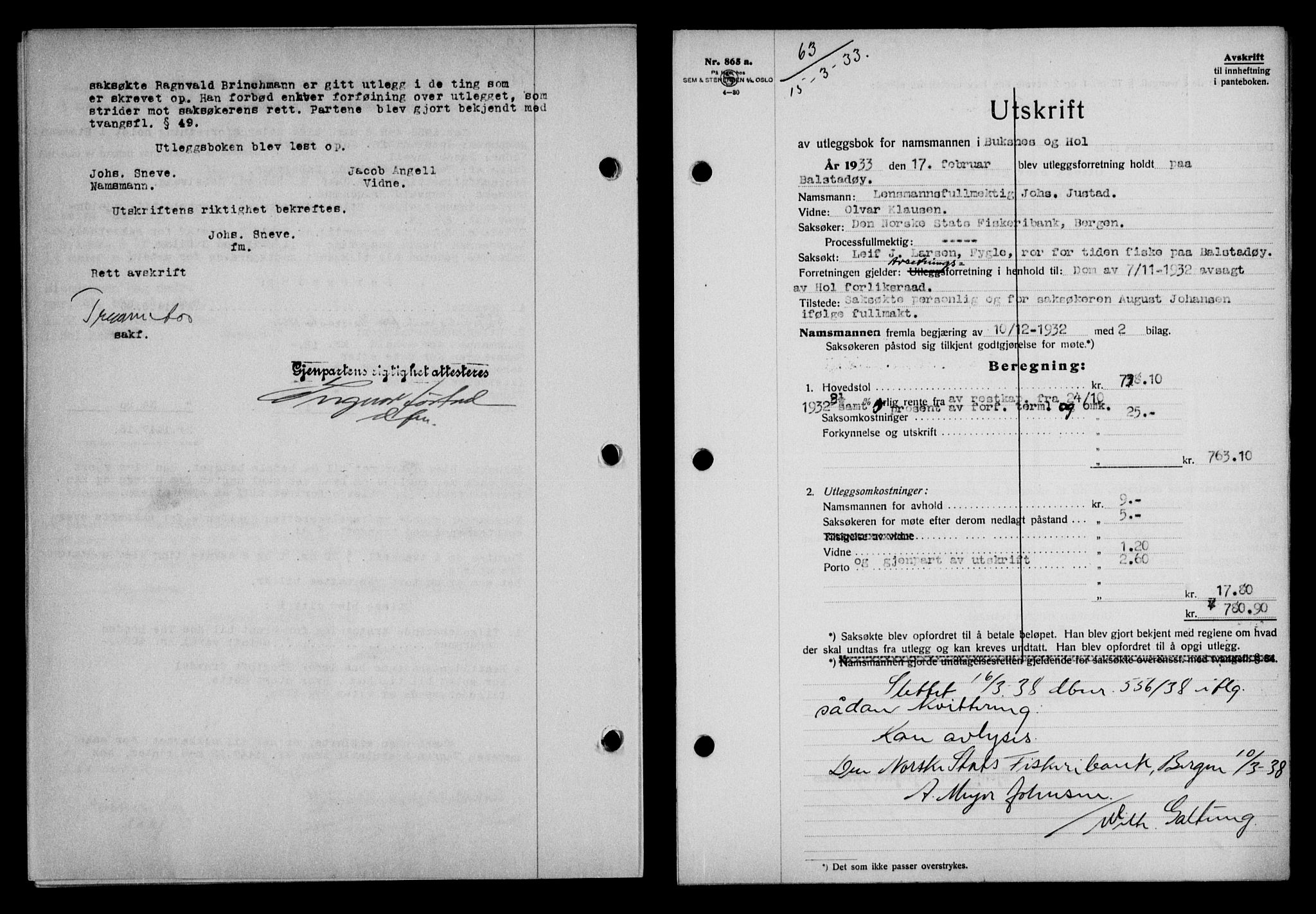 Lofoten sorenskriveri, SAT/A-0017/1/2/2C/L0027b: Pantebok nr. 27b, 1933-1933, Tingl.dato: 15.03.1933